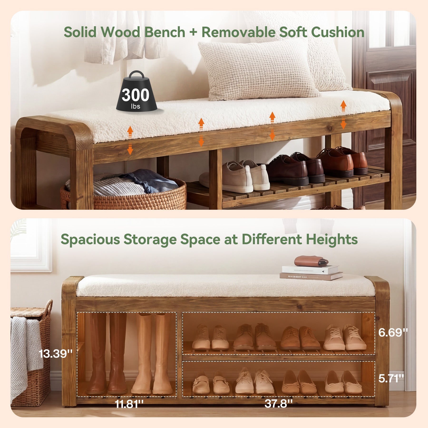 55" Solid Wood Shoe Storage Bench, Upholstered Entryway Bench with Removable Cushion