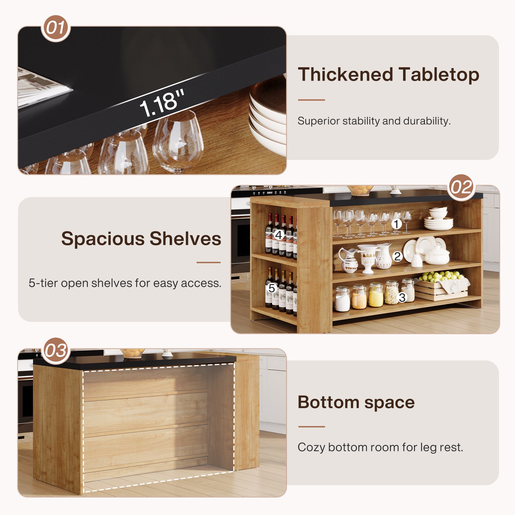 55" Kitchen Island with Storage, Farmhouse Coffee Bar Table with 5 Shelves