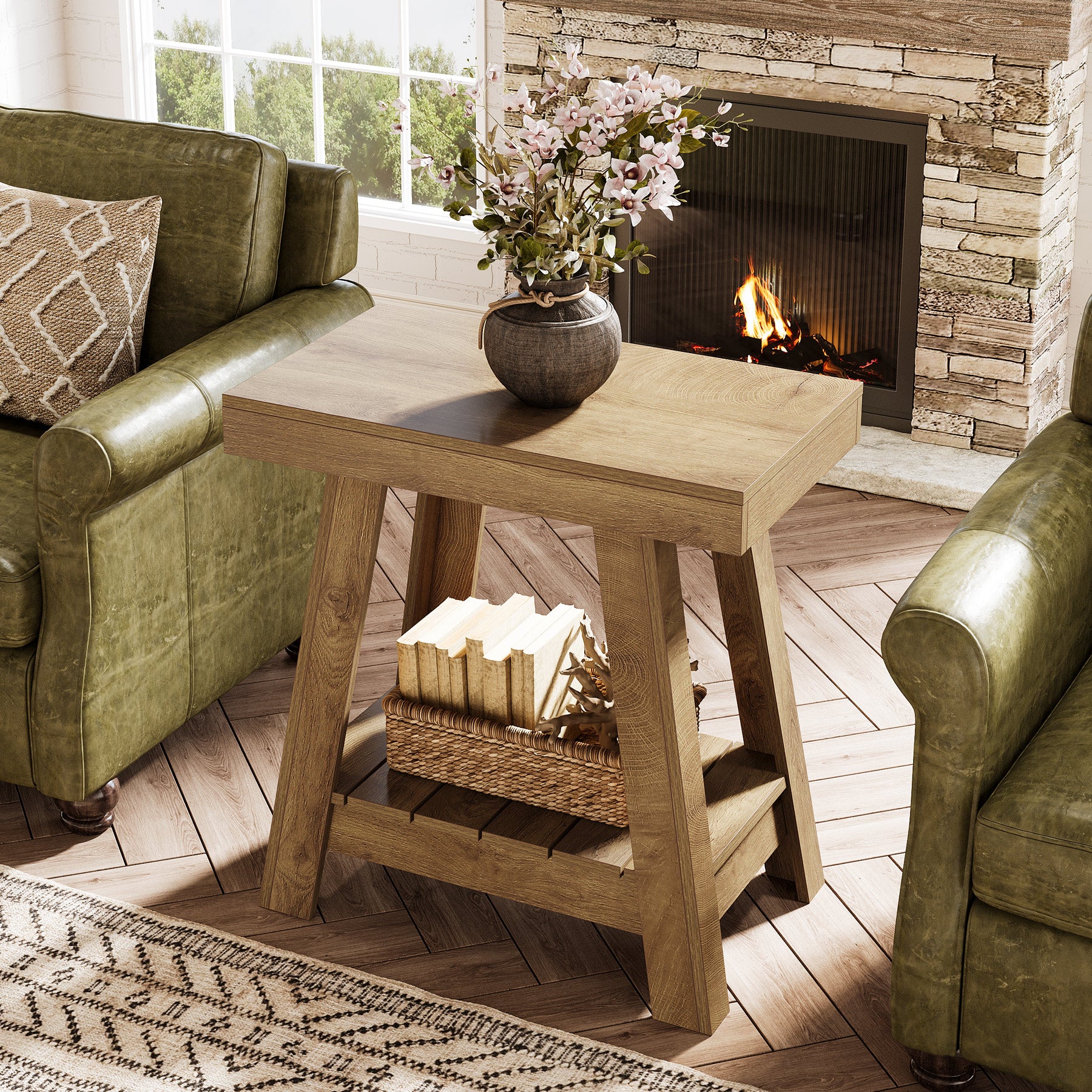 2-Tier  End Table, Small Sofa Side Table Slim Nightstand with Storage for Living Room