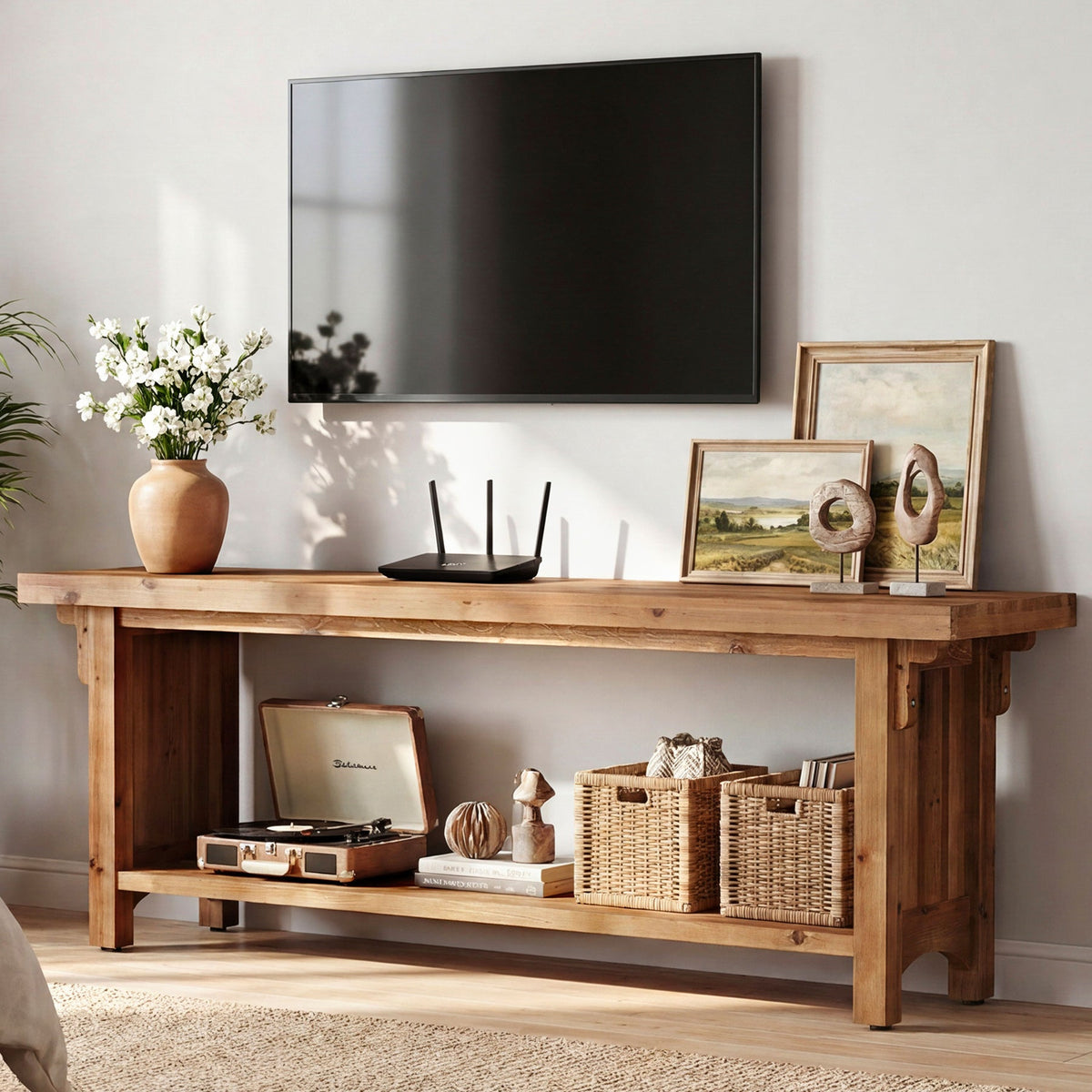 63" Solid Wood TV Stand, Farmhouse Entertainment Center with Storage Shelf for 75" TVs