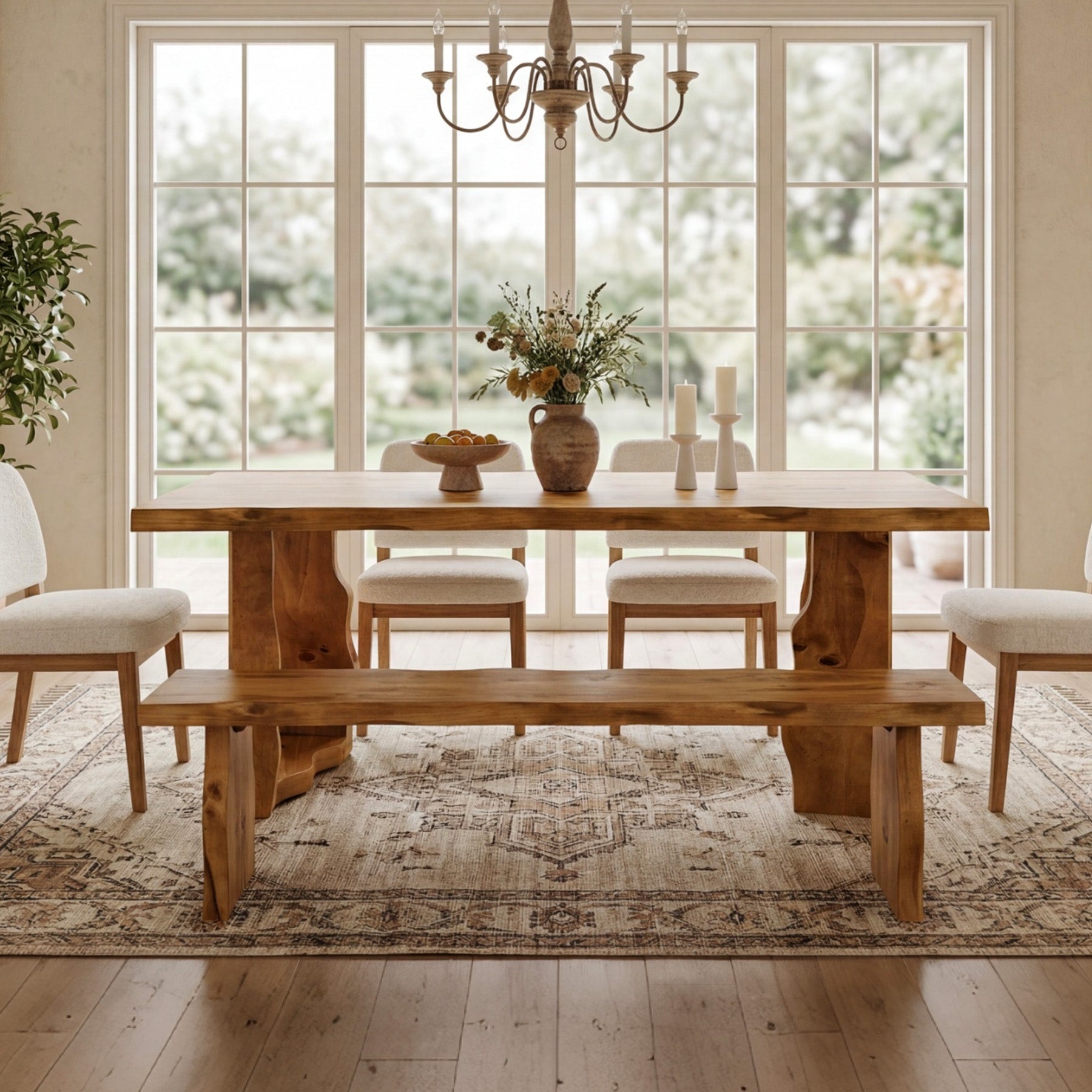 63" Solid Wood Dining Table for 6, Rectangular Kitchen Table with Sculptural Legs