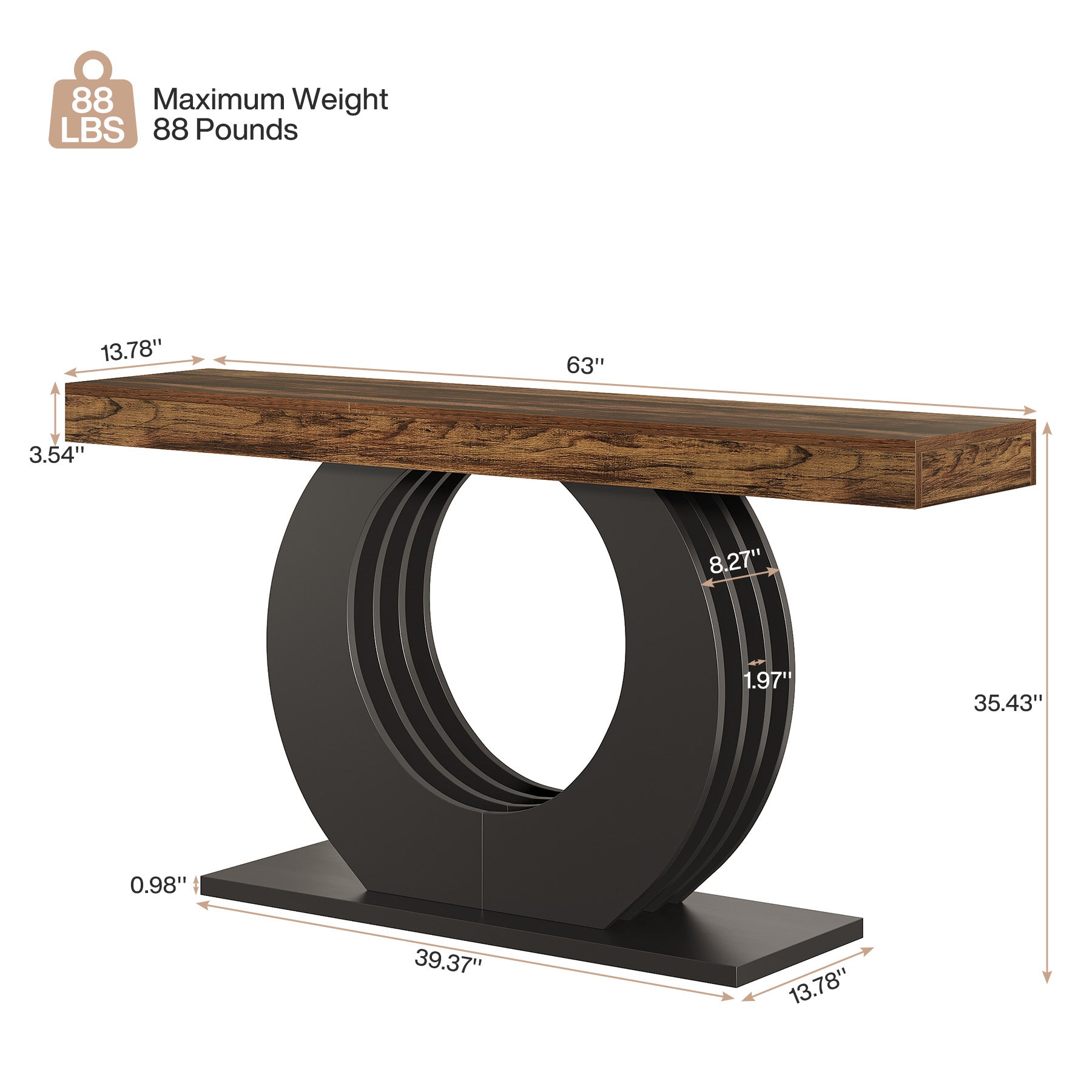 63" Console Table, Narrow Sofa Table with Circle Metal Base