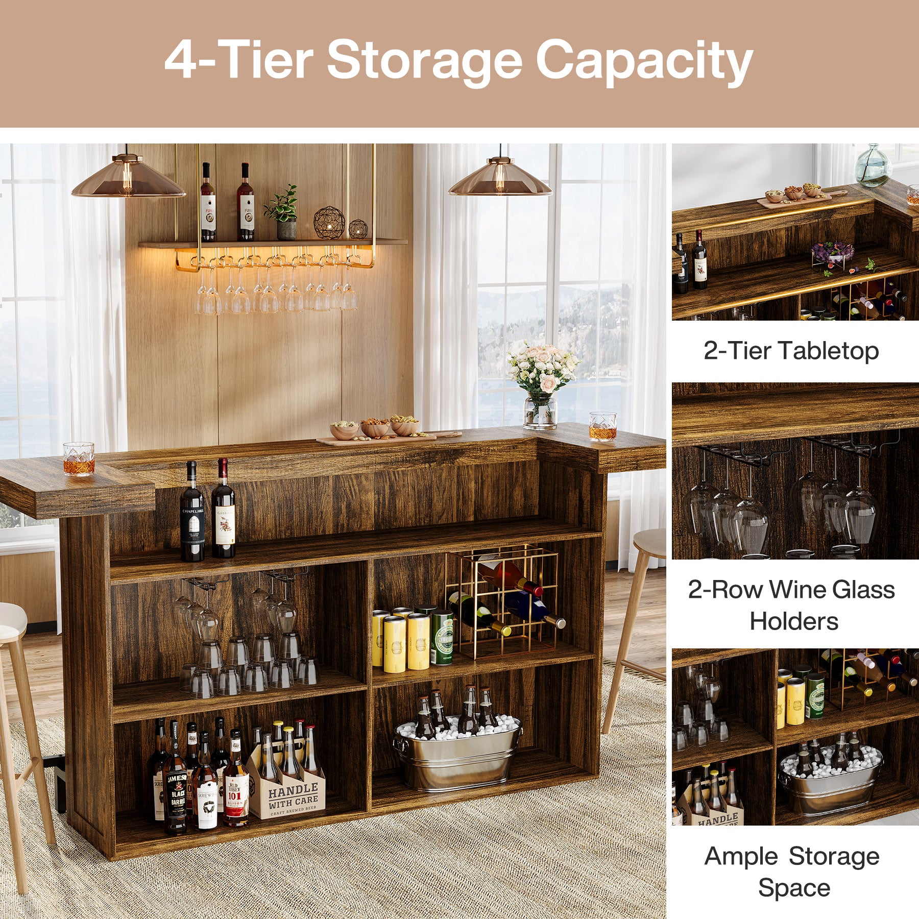 4-Tier Home Bar Unit, 70.9" Liquor Cabinet Bar Table with Wine Glass Holder