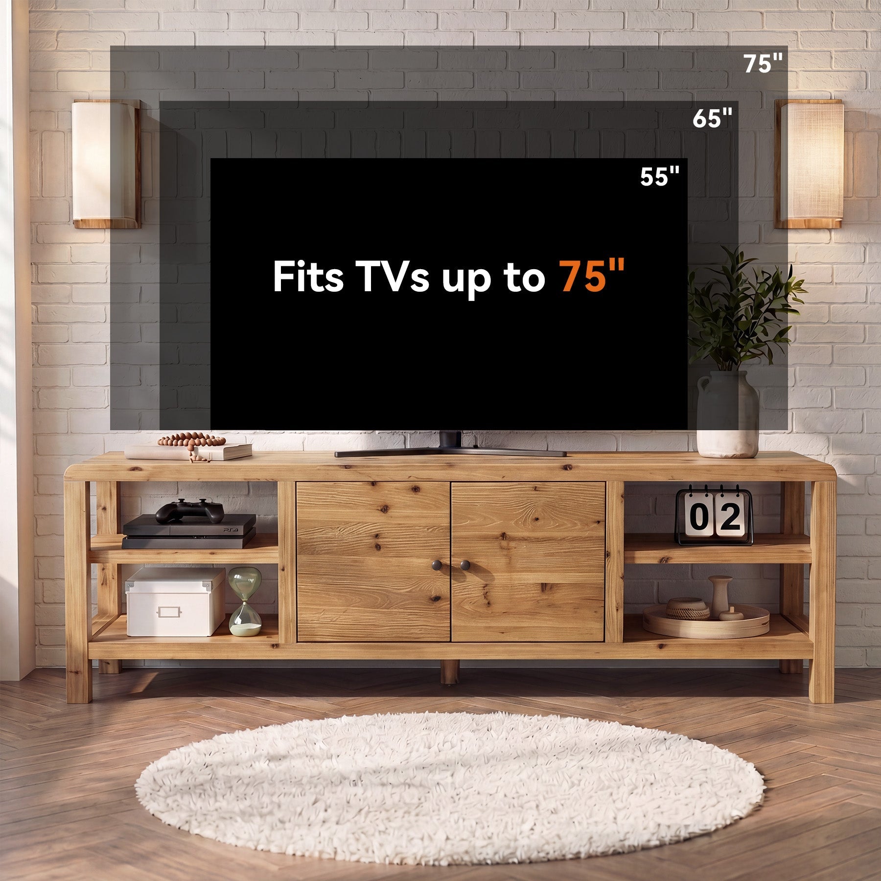 70.9" Solid Wood TV Stand with Door and Storage Shelves for TVs up to 80"