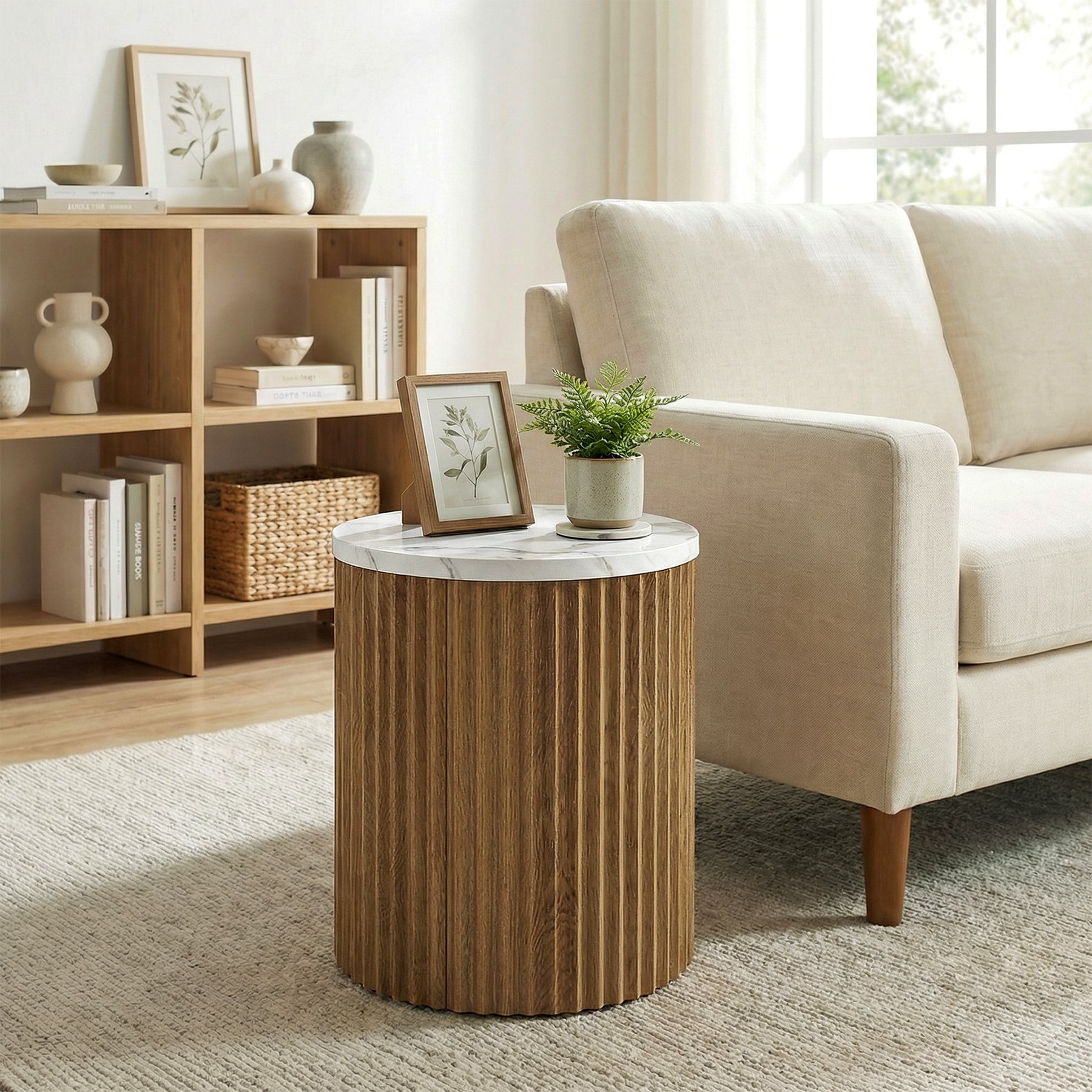 Round End Table, 23.6" Tall Side Table with Faux Marble Tabletop