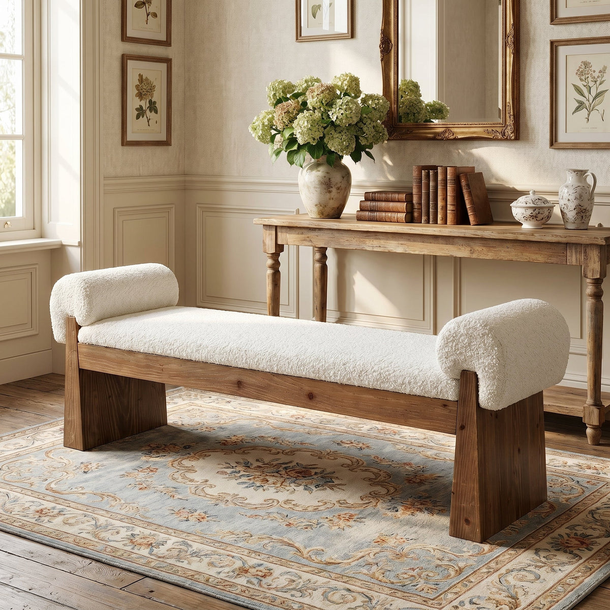 Solid Wood Cushioned Bench, Upholstered Entryway Bench End of Bed Bench