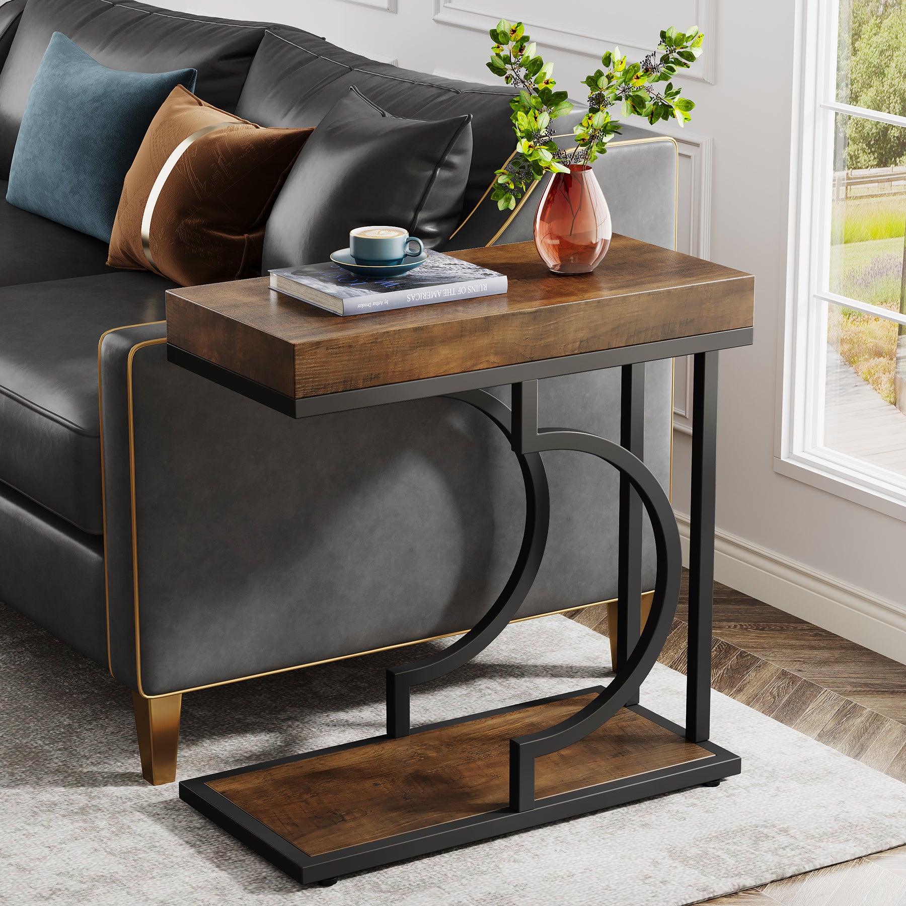 Narrow C Table, Modern End Table Bedside Table with Metal Frame