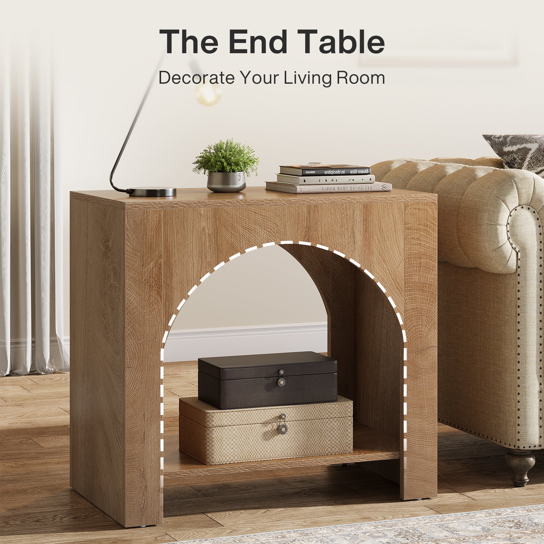Farmhouse End Table, Large Sofa Side Table with 2-Tier Storage Shelf