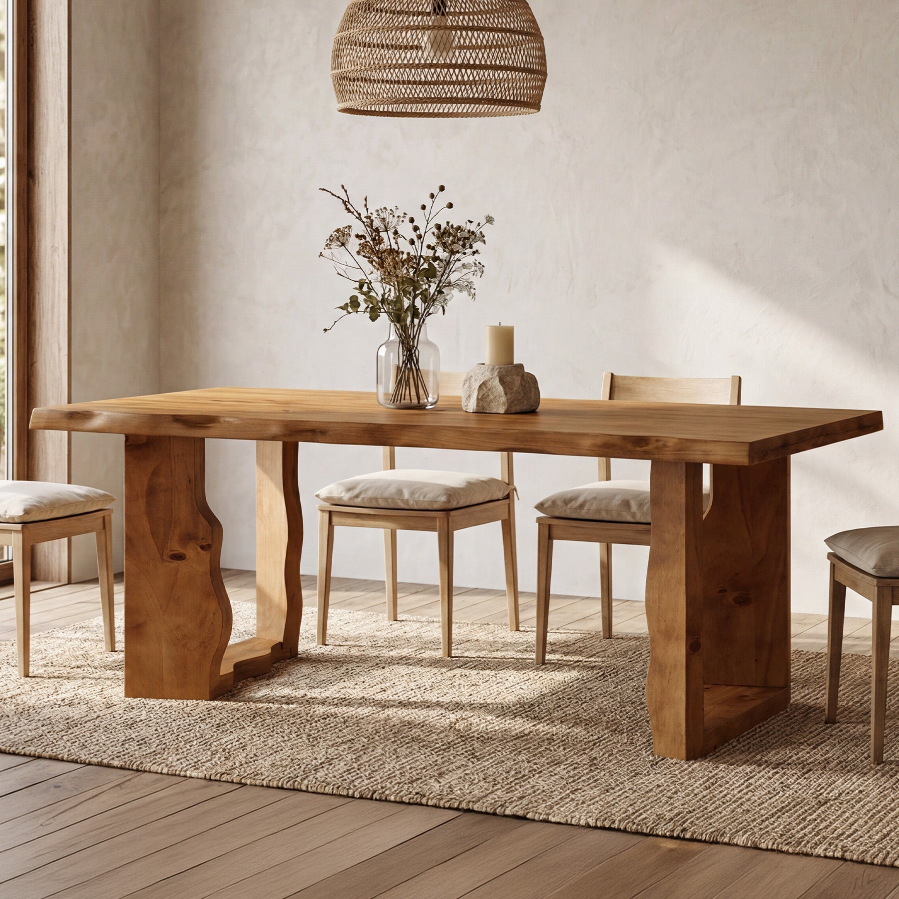 63" Solid Wood Dining Table for 6, Rectangular Kitchen Table with Sculptural Legs