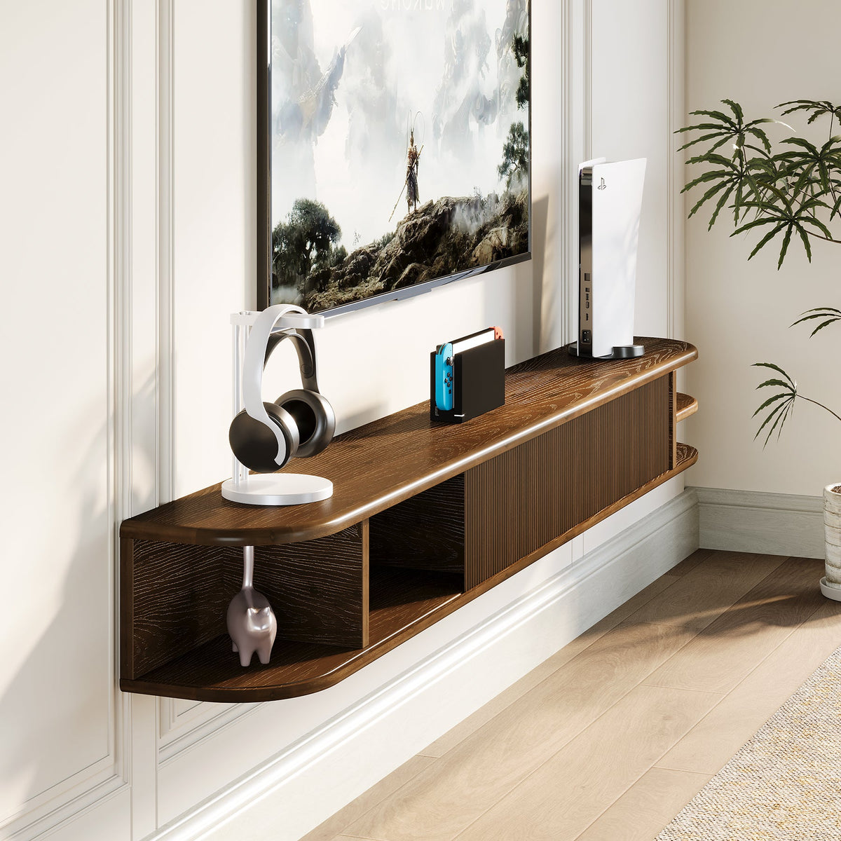71" Floating TV Stand with Fluted Doors, Solid Wood Media Console with Cable Management for 50-90" TVs