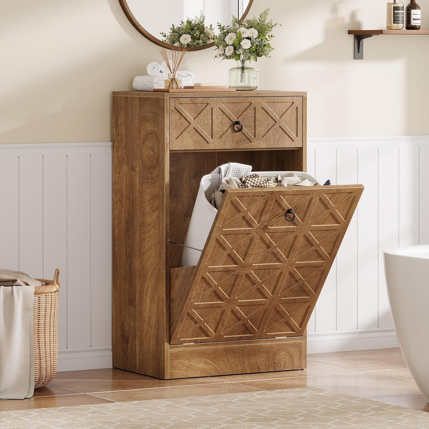 13 Gallon Tilt-Out Laundry Hamper, Wooden Hidden Cabinet with Drawer