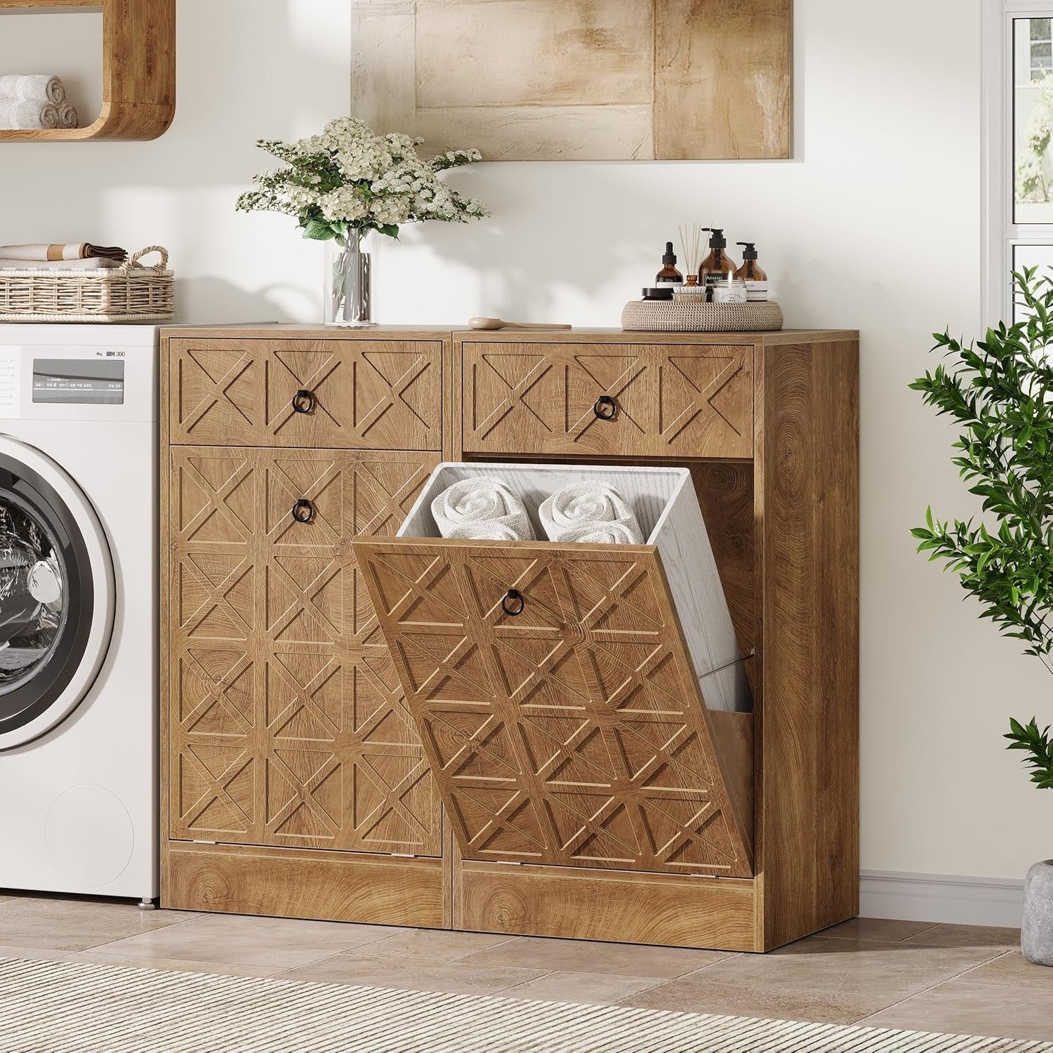 13 Gallon Tilt-Out Laundry Hamper, Wooden Hidden Cabinet with Drawer