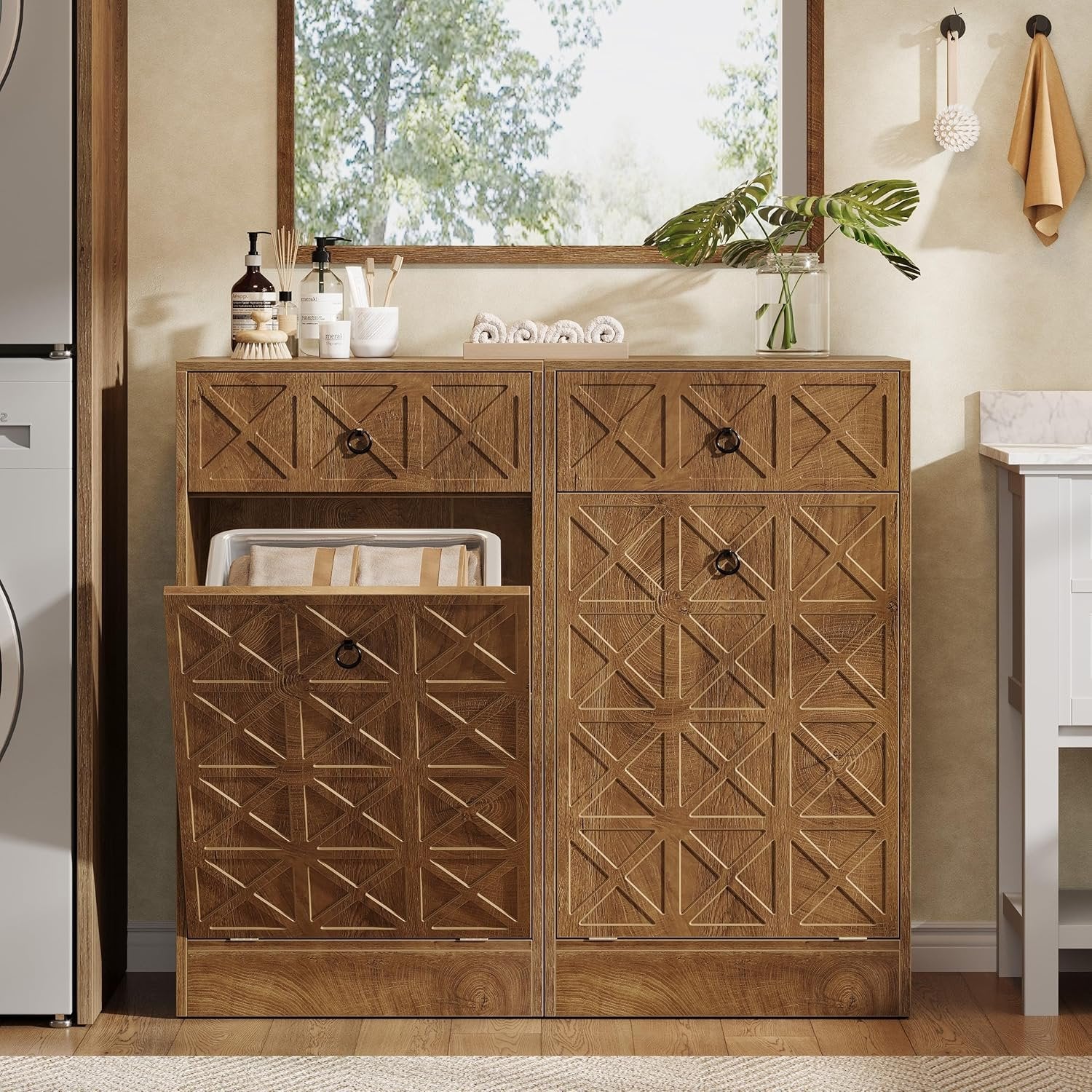13 Gallon Tilt-Out Laundry Hamper, Wooden Hidden Cabinet with Drawer