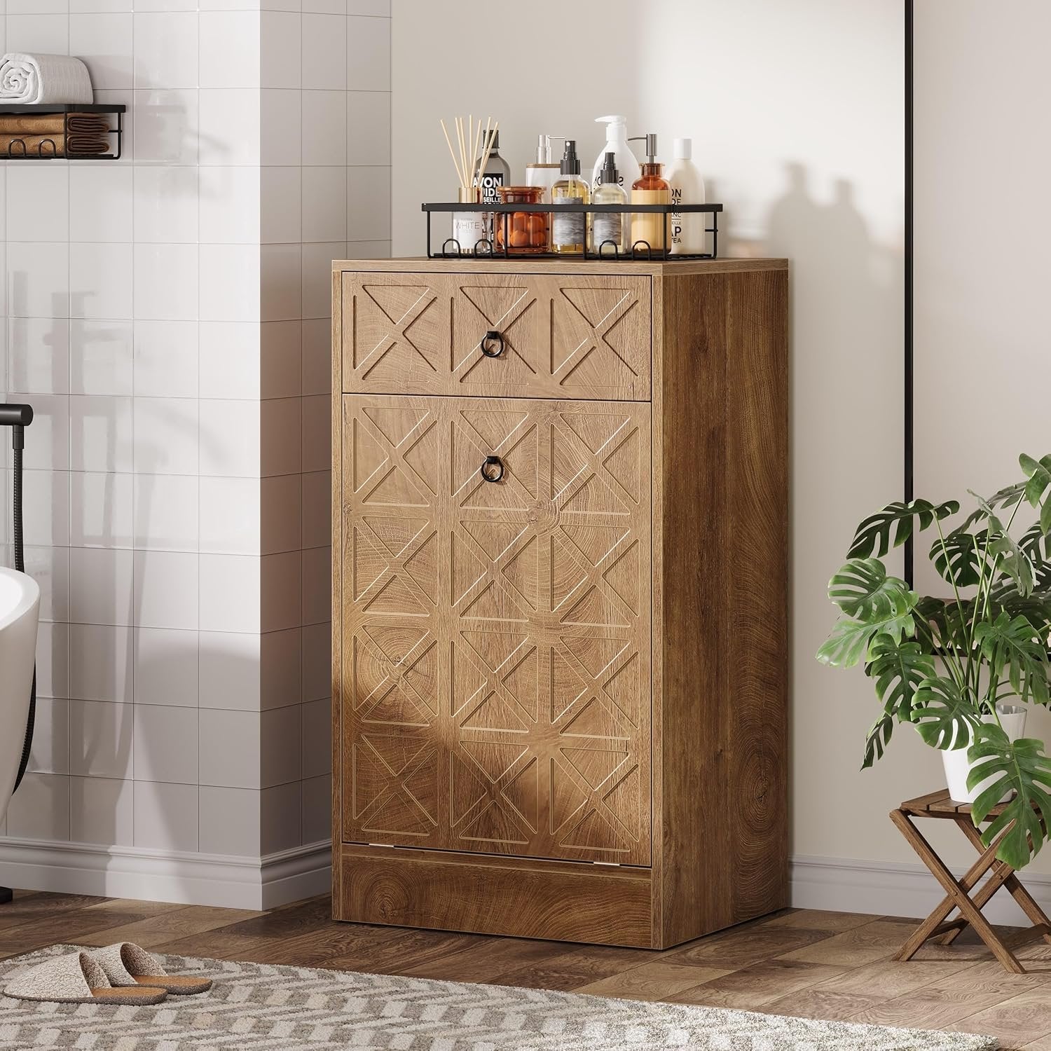 13 Gallon Tilt-Out Laundry Hamper, Wooden Hidden Cabinet with Drawer