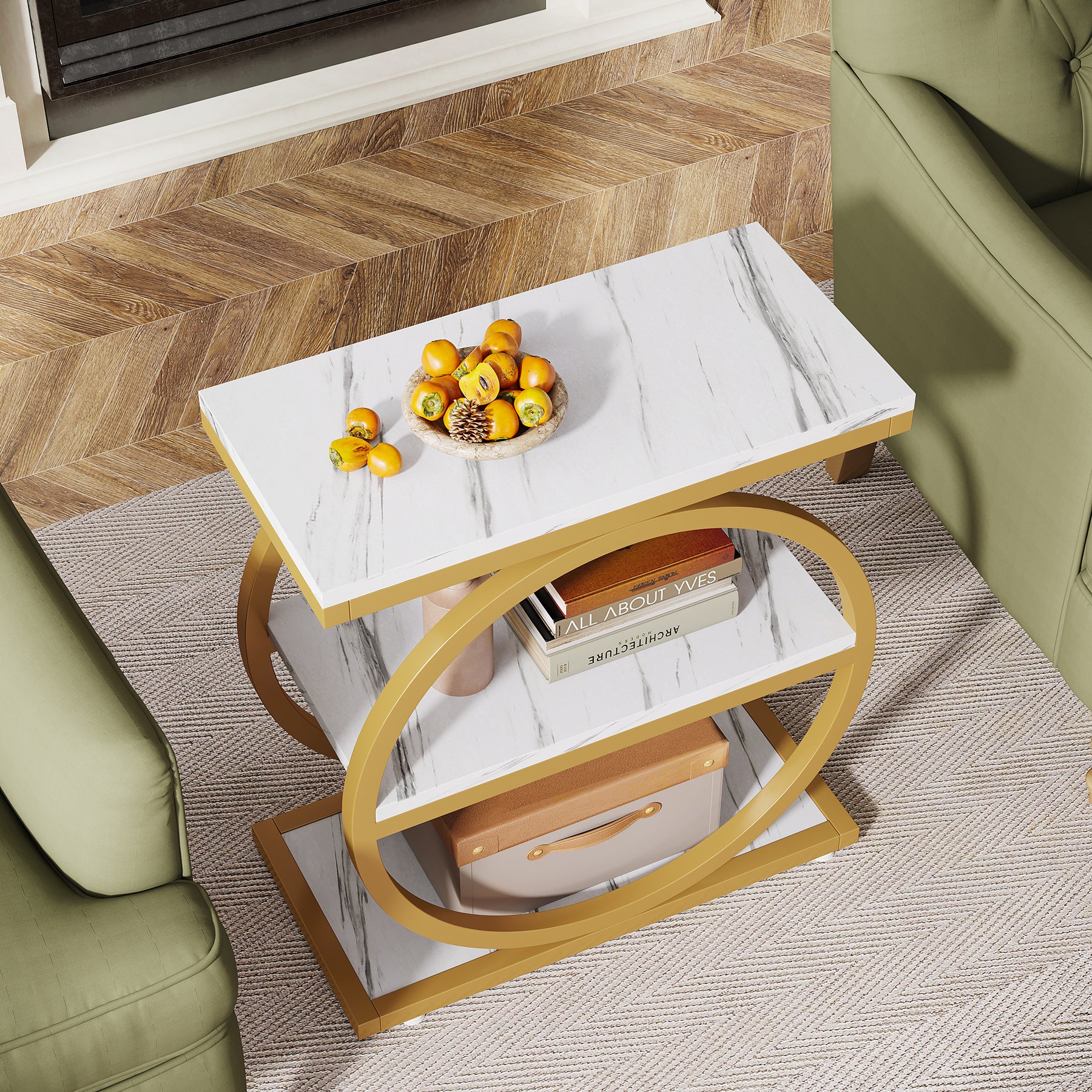 3-Tier End Table, Industrial Sofa Side Table with Round Metal Frame