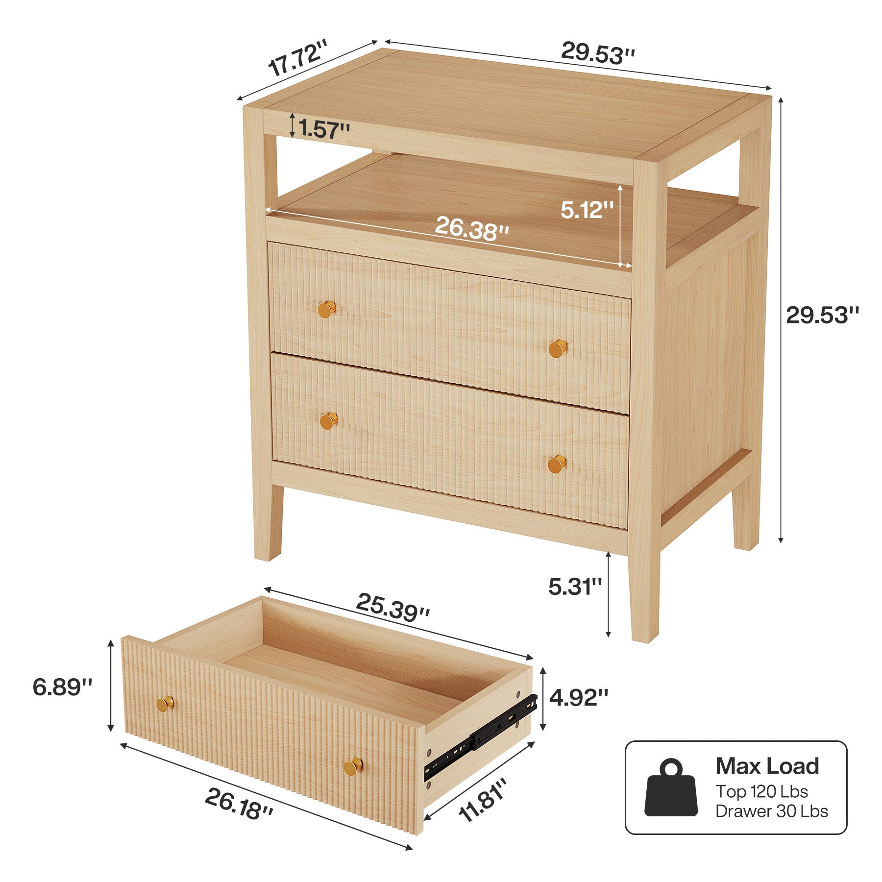 29.5" Farmhouse Nightstand, 2-Drawer Wide Bedside Table with Open Storage Shelf