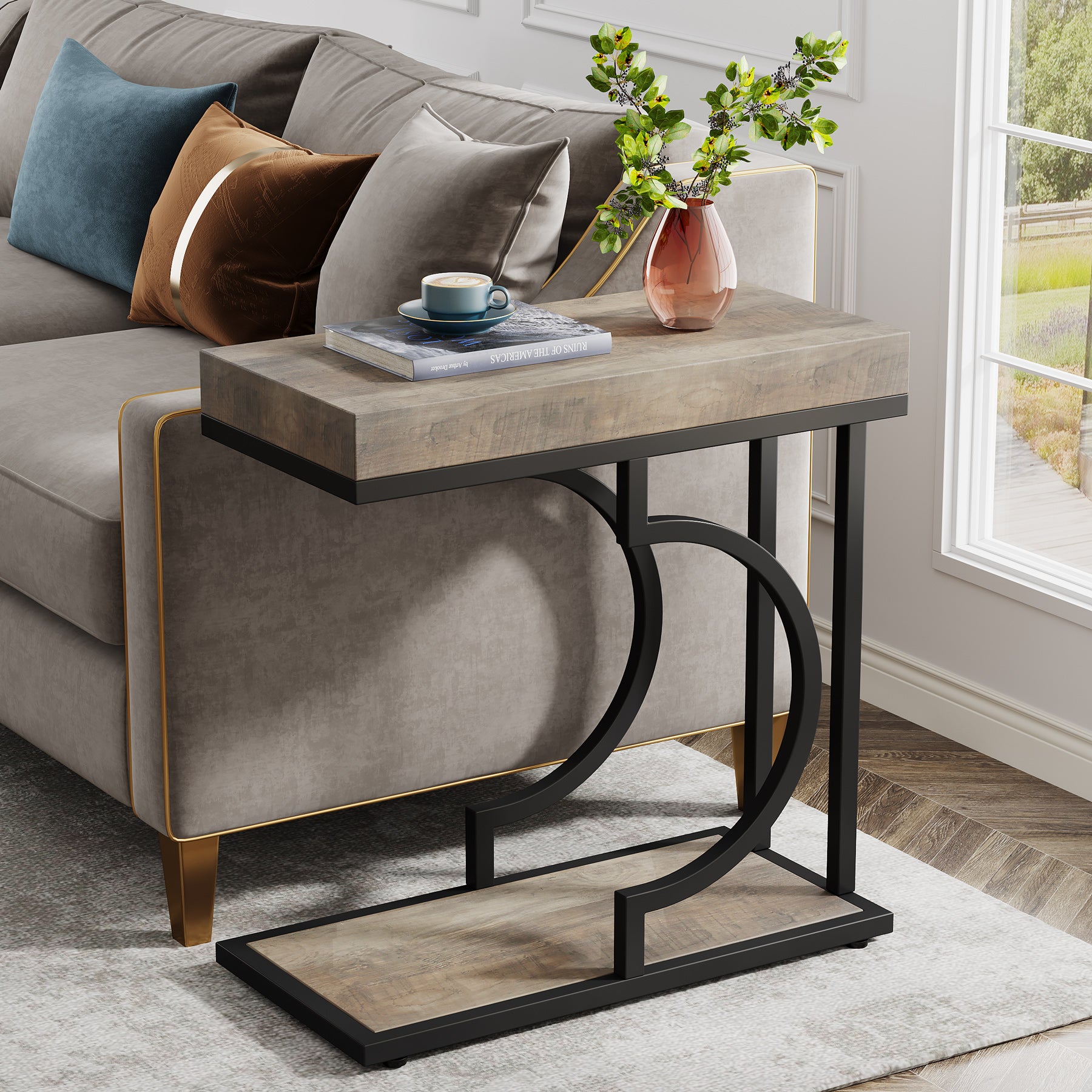 Narrow C Table, Modern End Table Bedside Table with Metal Frame