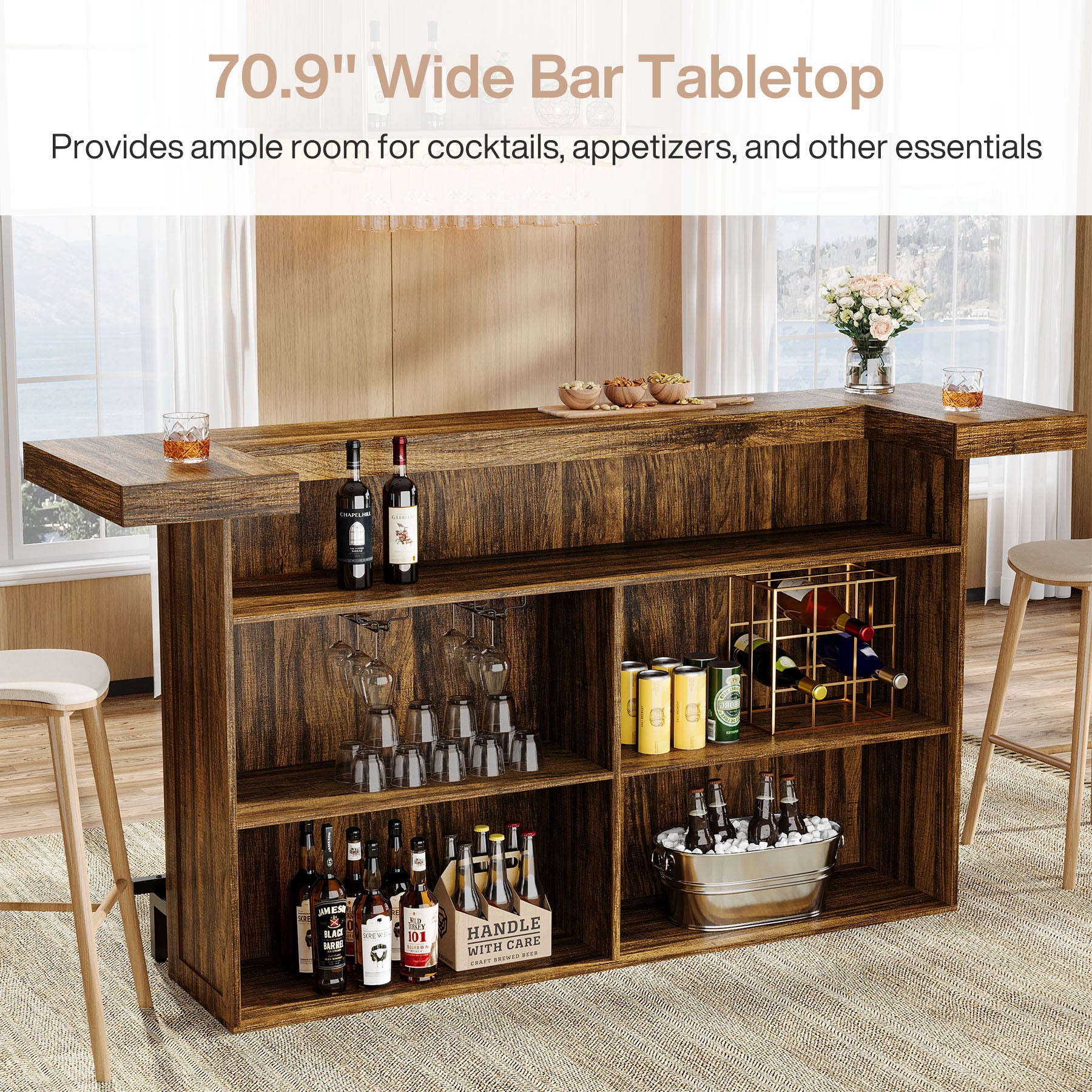 4-Tier Home Bar Unit, 70.9" Liquor Cabinet Bar Table with Wine Glass Holder