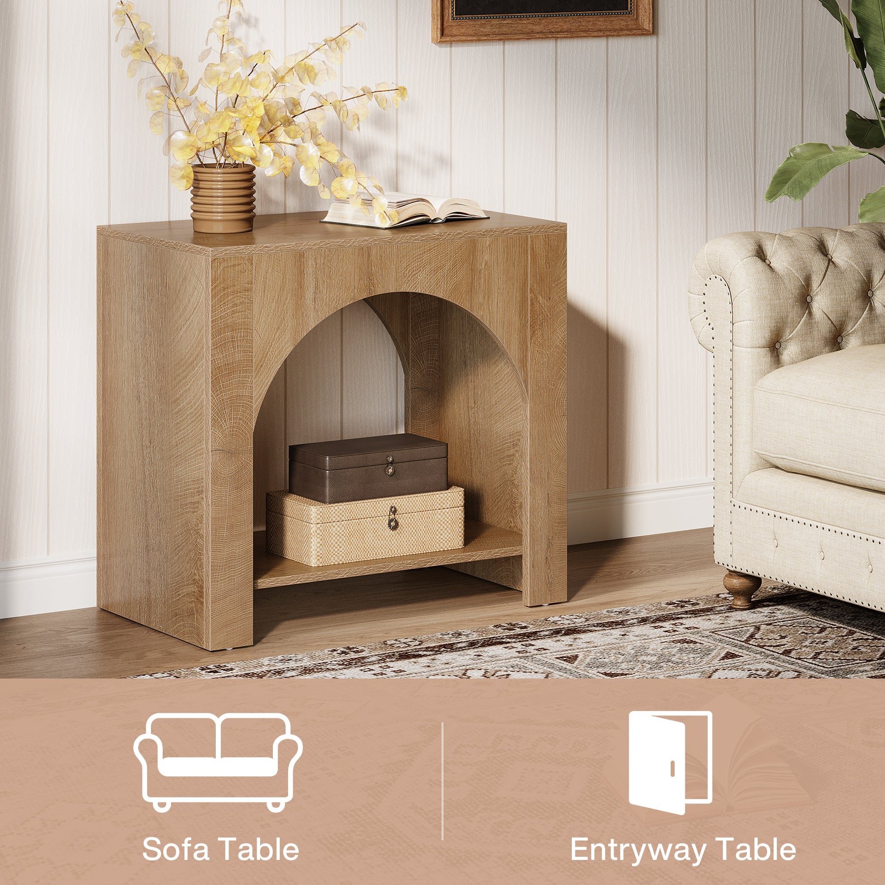 Farmhouse End Table, Large Sofa Side Table with 2-Tier Storage Shelf