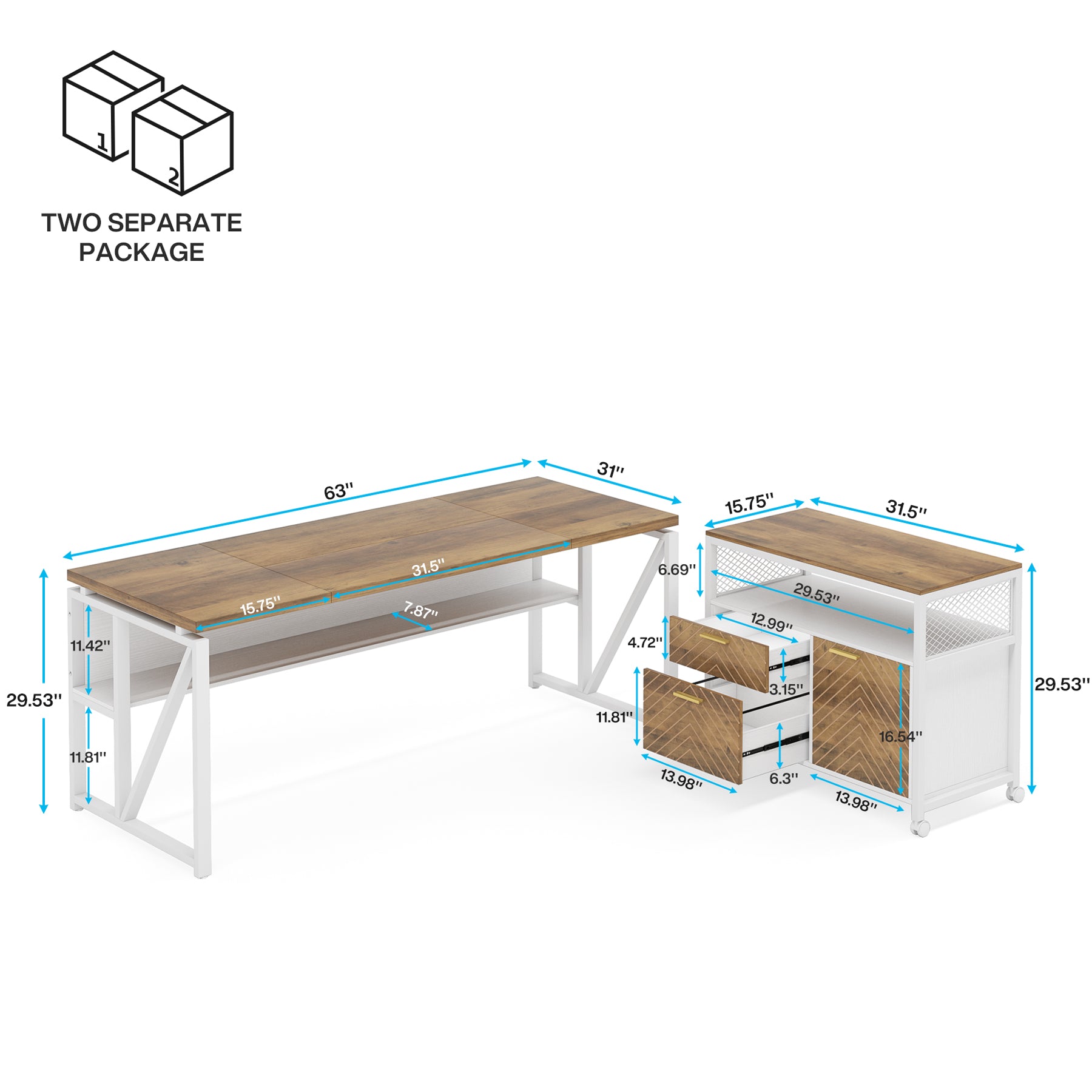 63" Computer Desk with Mobile Cabinet, L-Shaped Desk for Home Office