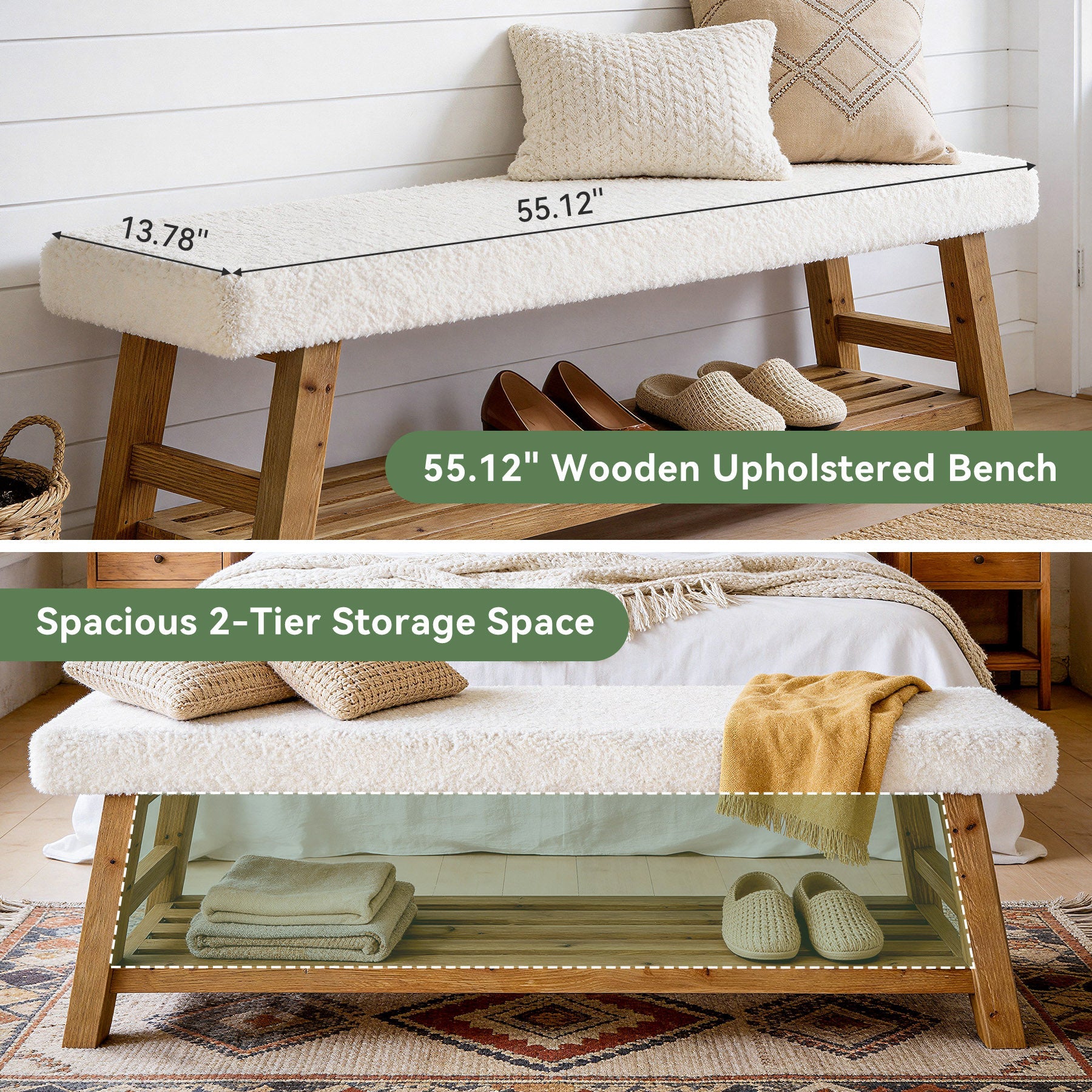 55" Upholstered Entryway Bench, 2-Tier Shoe Bench with Solid Wood Frame