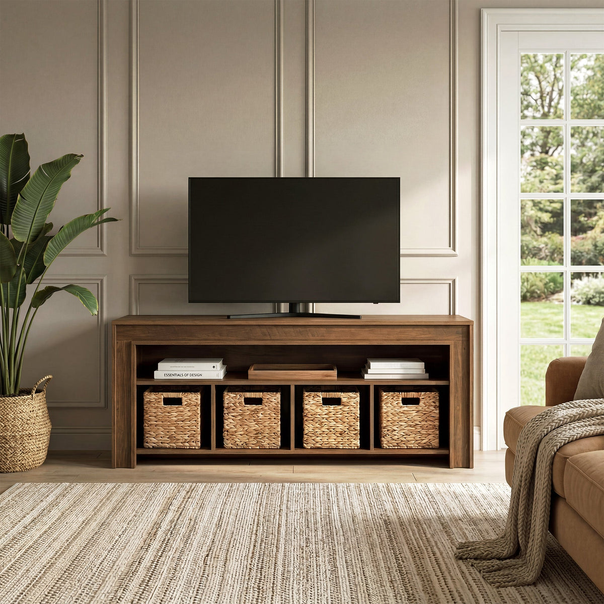 63" Farmhouse TV Stand for 55–70" TVs, Media Console with 4 Woven Baskets & Open Shelf