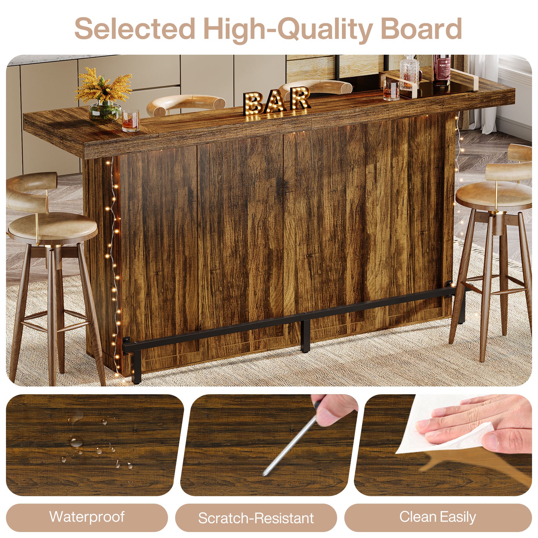 4-Tier Home Bar Unit, 70.9" Liquor Cabinet Bar Table with Wine Glass Holder