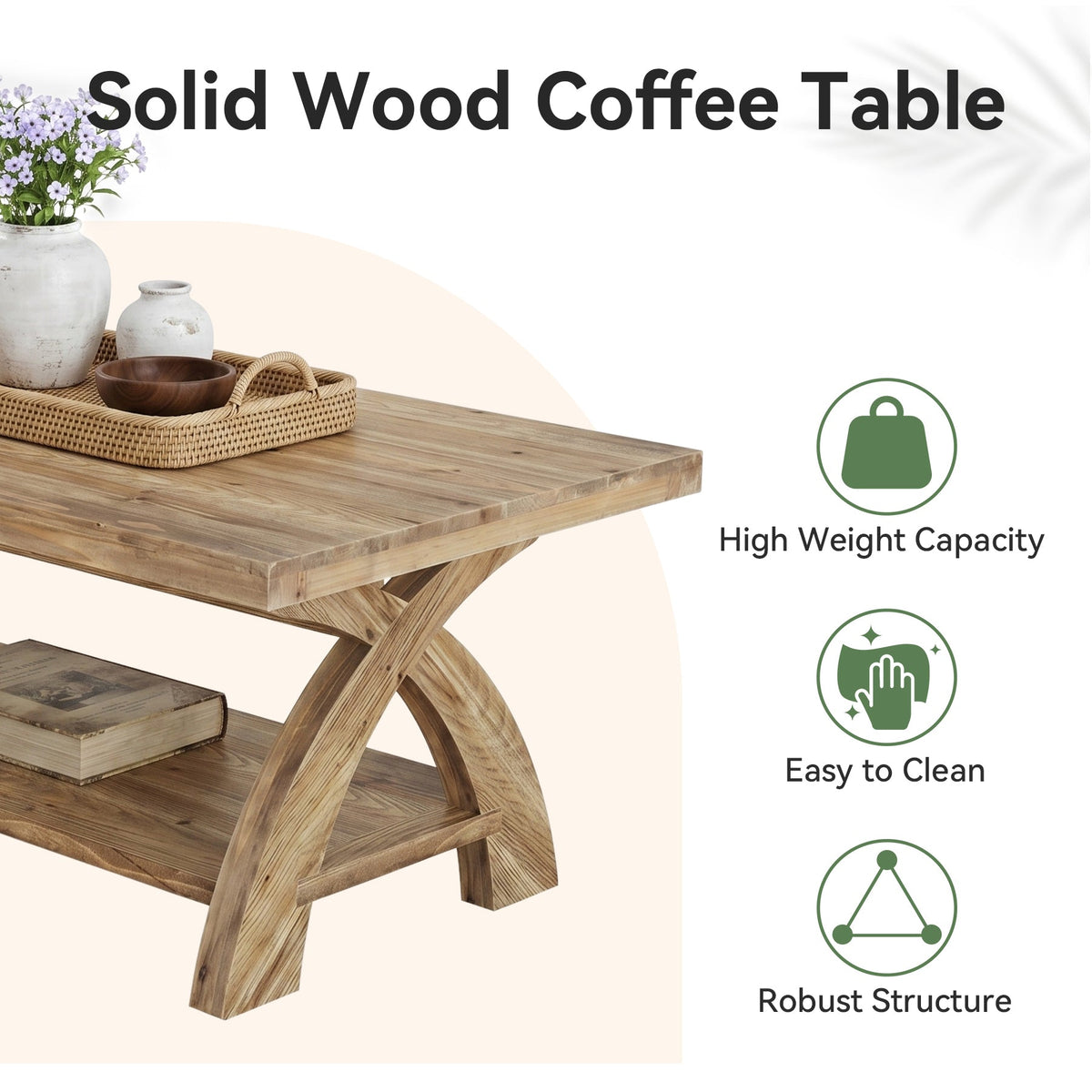 47.24" Solid Wood Coffee Table, Rectangular Center Table with X-Leg for Living Room