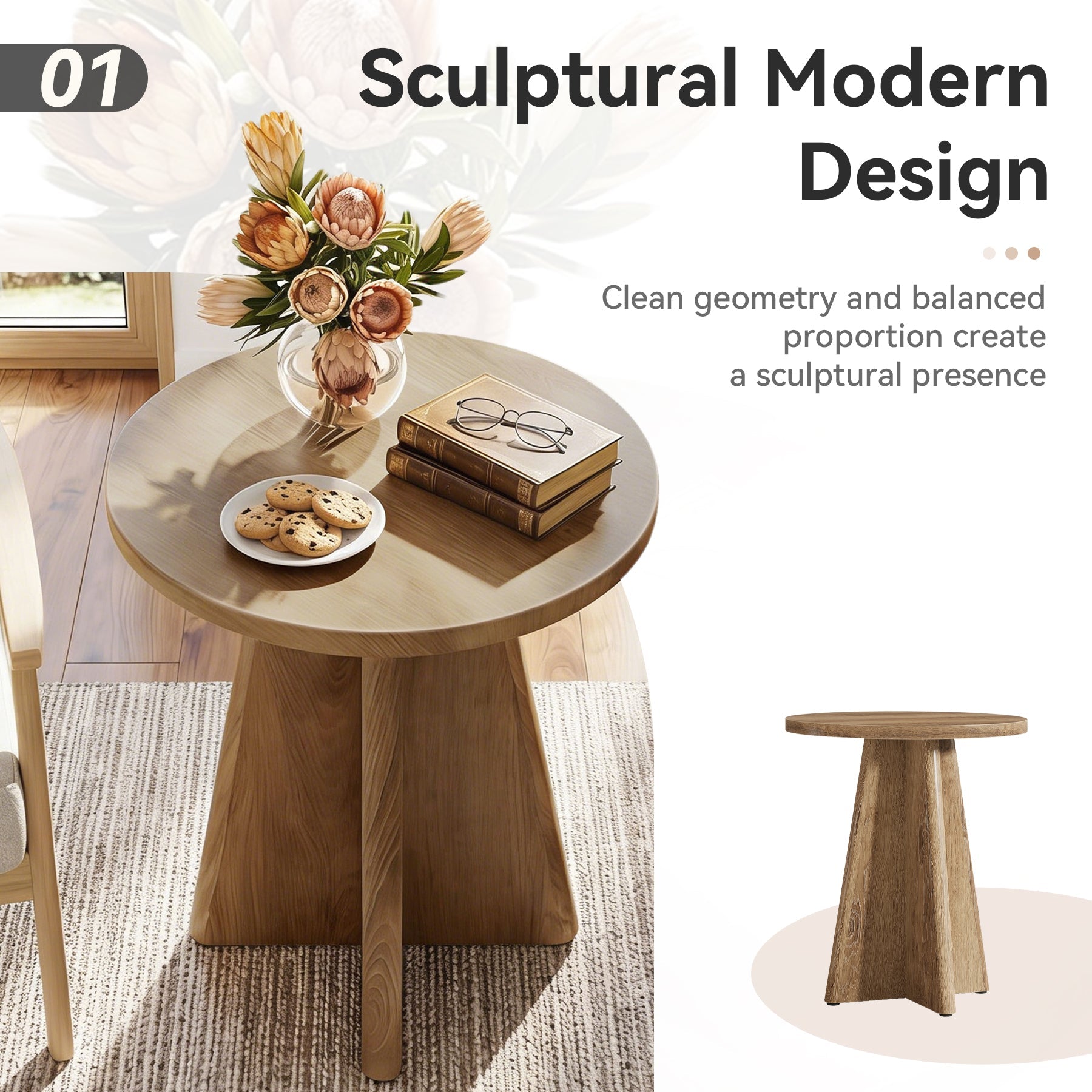 19.7" Round End Table, Farmhouse Side Table with Sculptural Base for Living Room