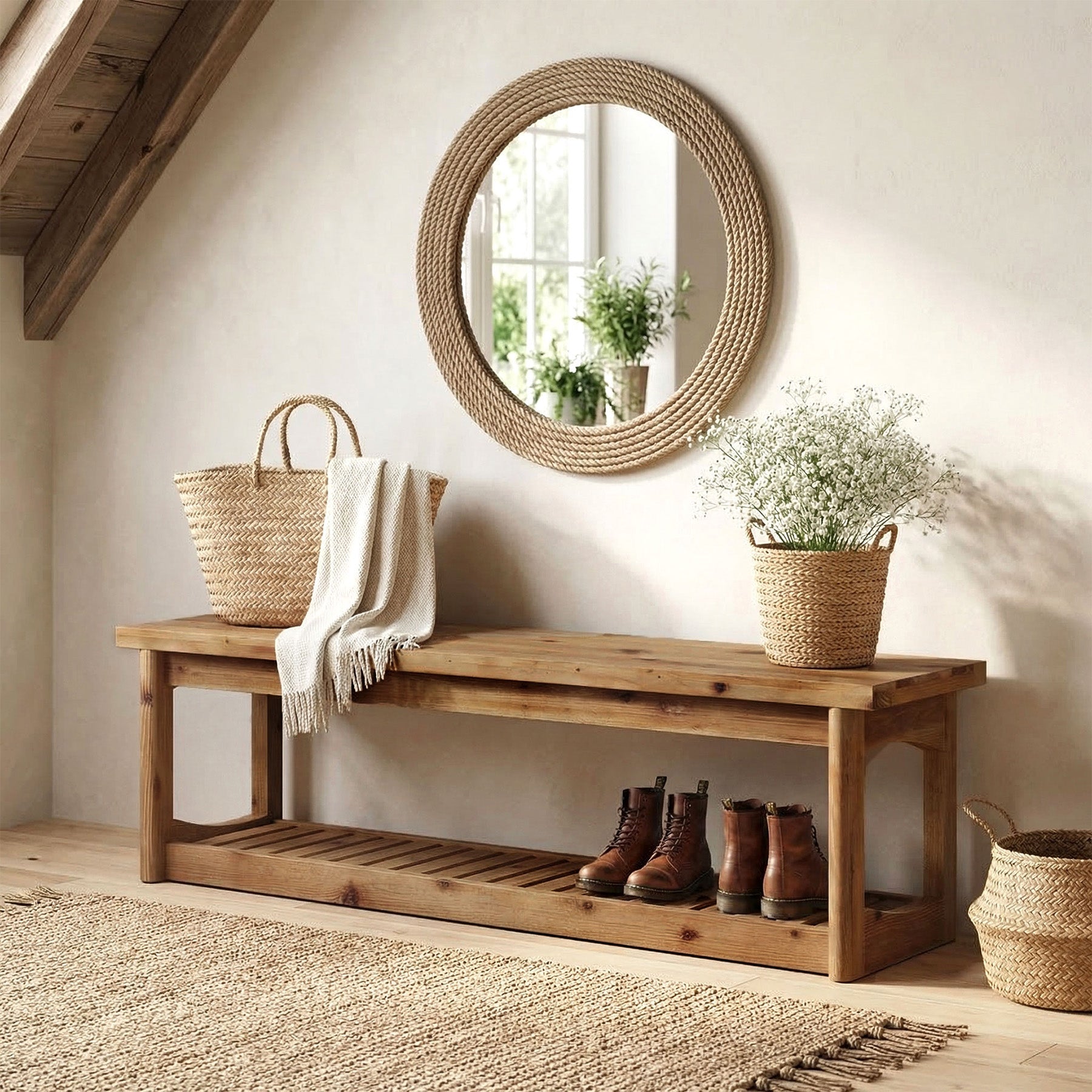 63" Solid Wood Entryway Bench with Storage Shoe Organizer for Hallway