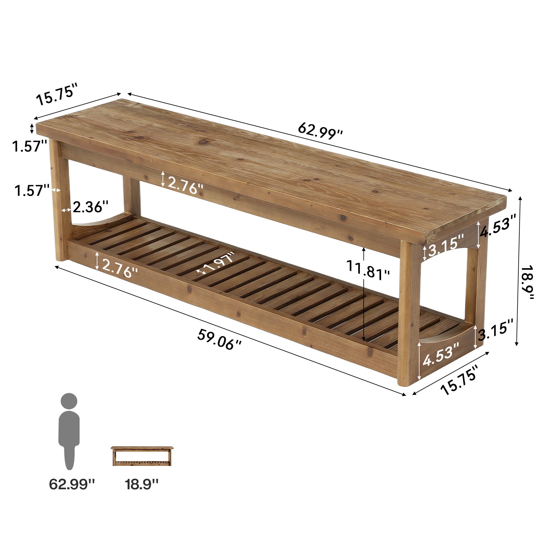63" Solid Wood Entryway Bench with Storage Shoe Organizer for Hallway