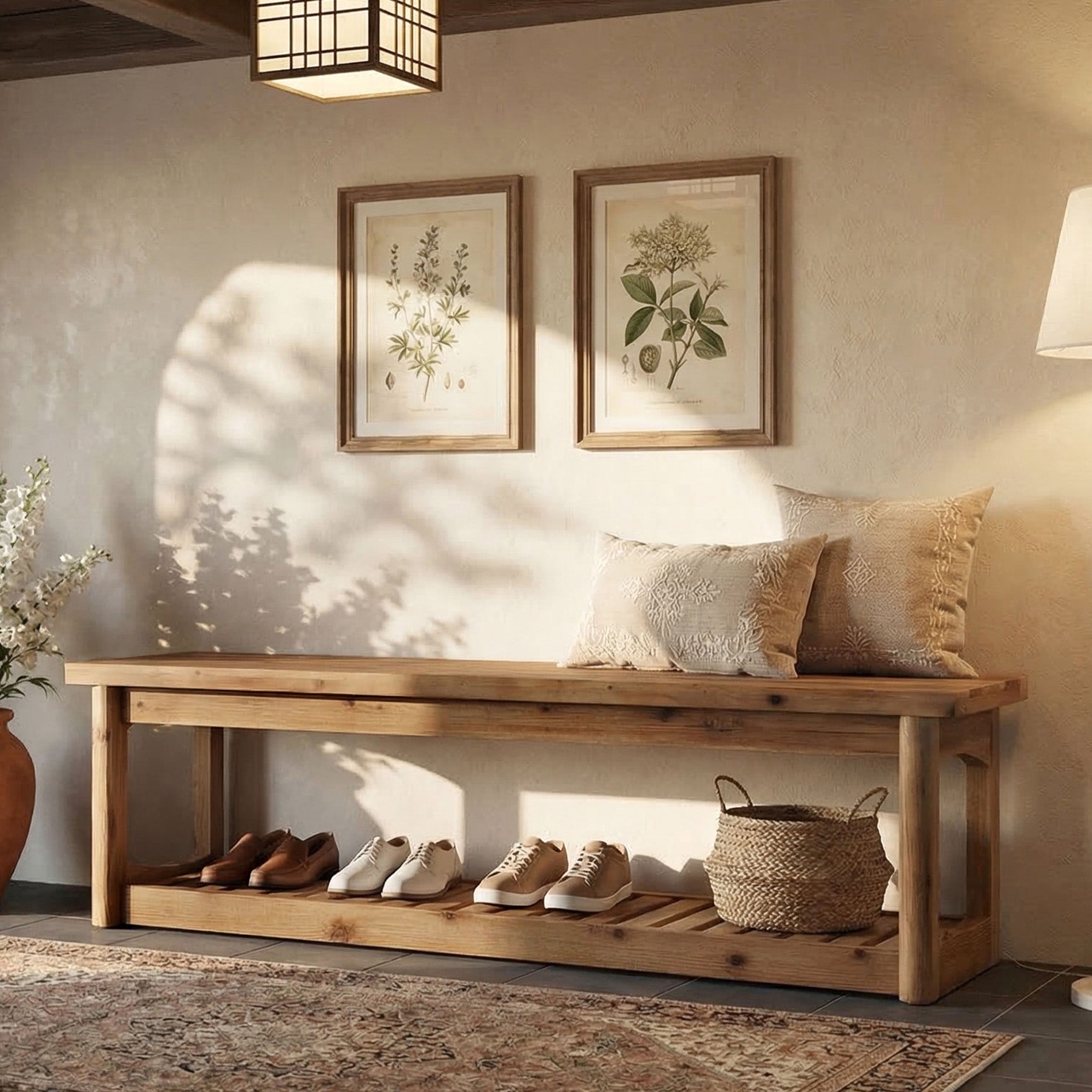 63" Solid Wood Entryway Bench with Storage Shoe Organizer for Hallway