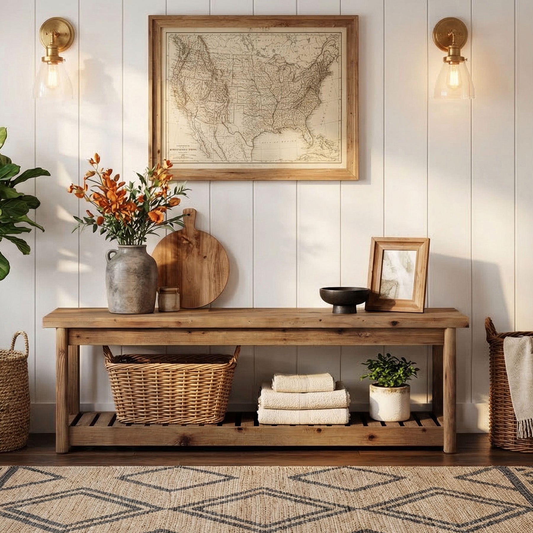 63" Solid Wood Entryway Bench with Storage Shoe Organizer for Hallway