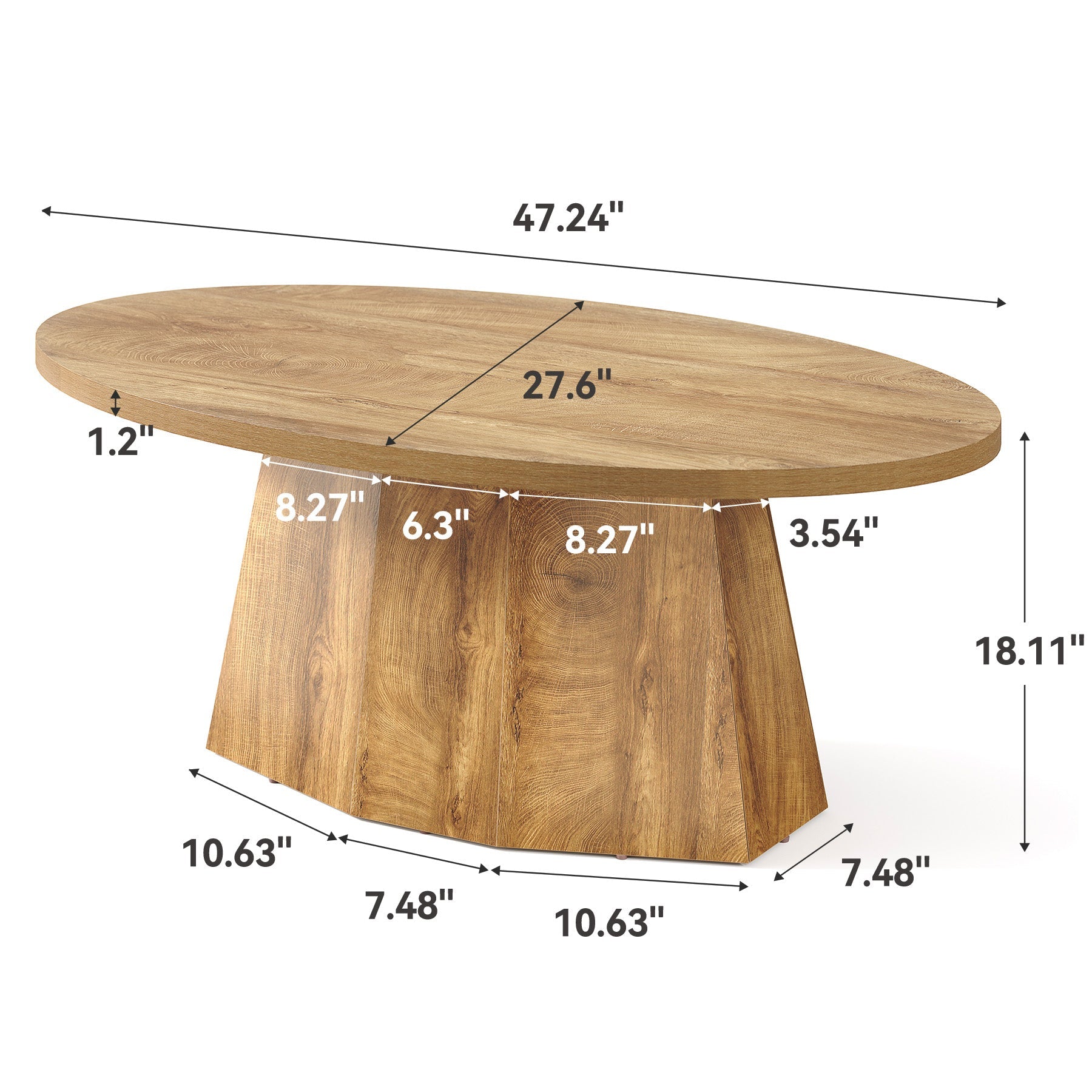 Oval Coffee Table, 47" Center Accent Table with Polygonal Pedestal for Living Room