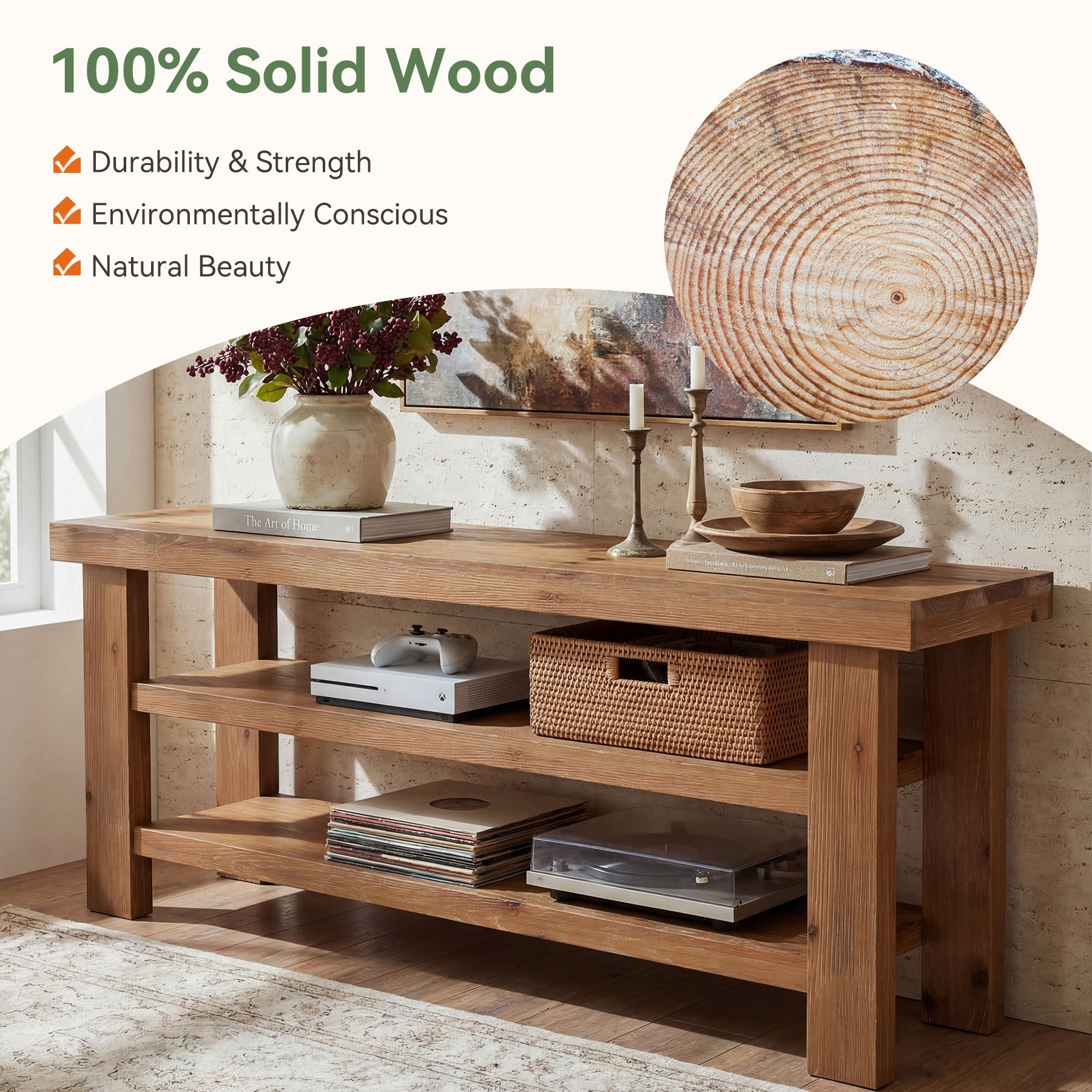 63" Solid Wood TV Stand for 55–75" TVs, Farmhouse Entertainment Center with Open Shelves