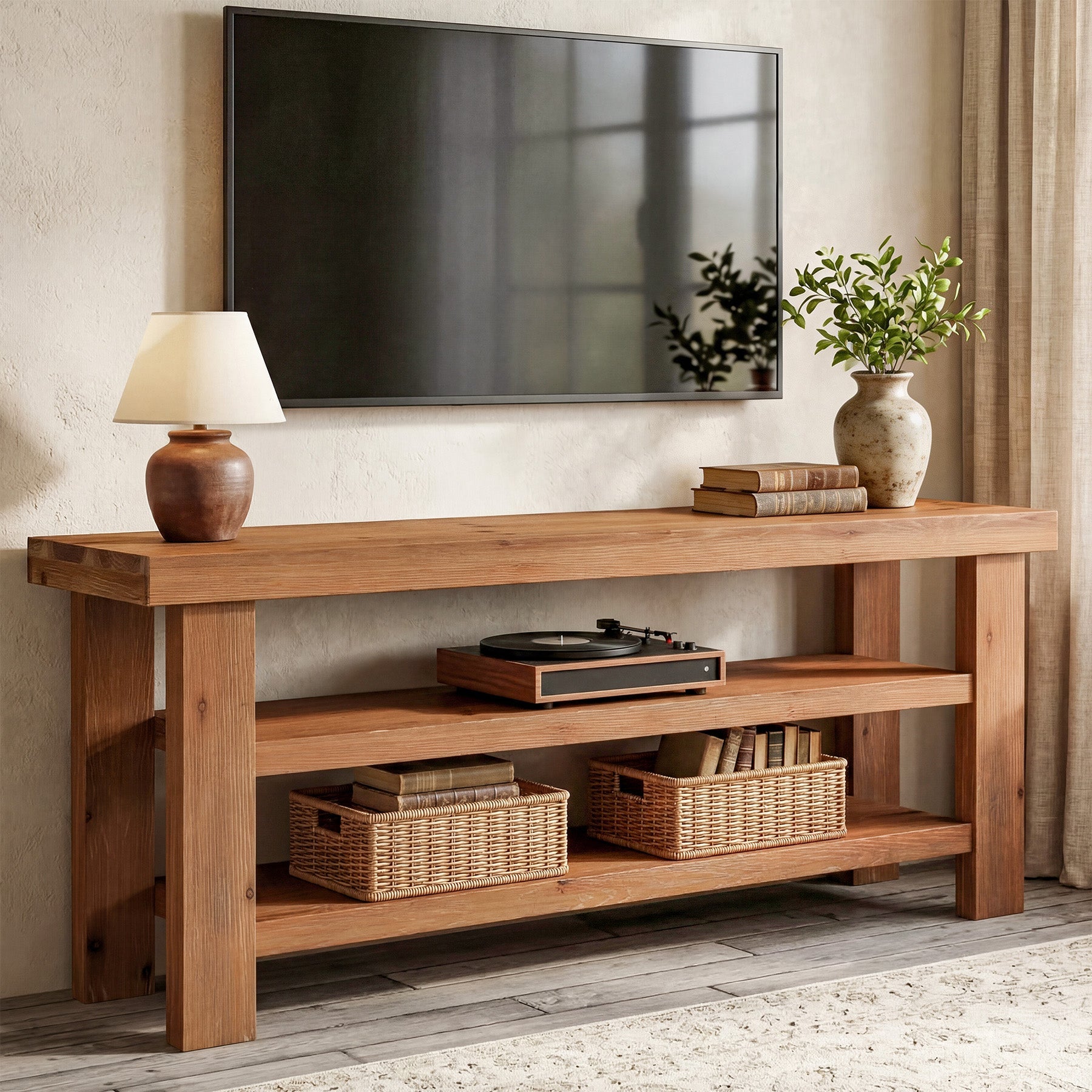 63" Solid Wood TV Stand for 55–75" TVs, Farmhouse Entertainment Center with Open Shelves