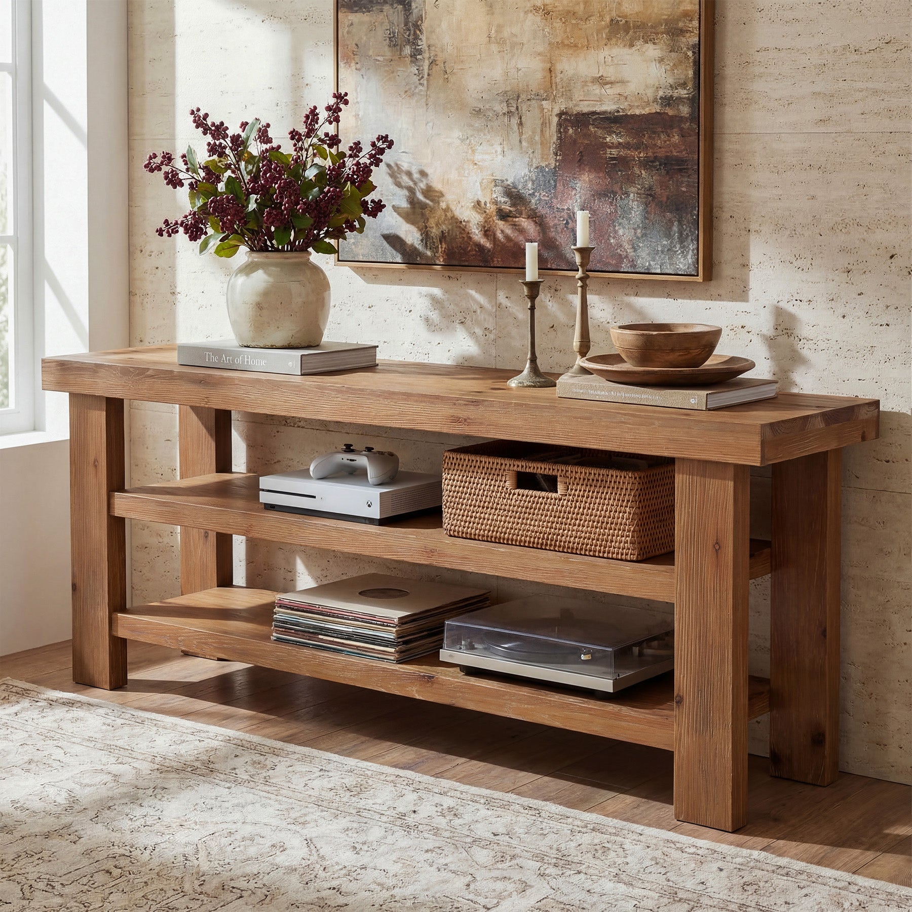63" Solid Wood TV Stand for 55–75" TVs, Farmhouse Entertainment Center with Open Shelves
