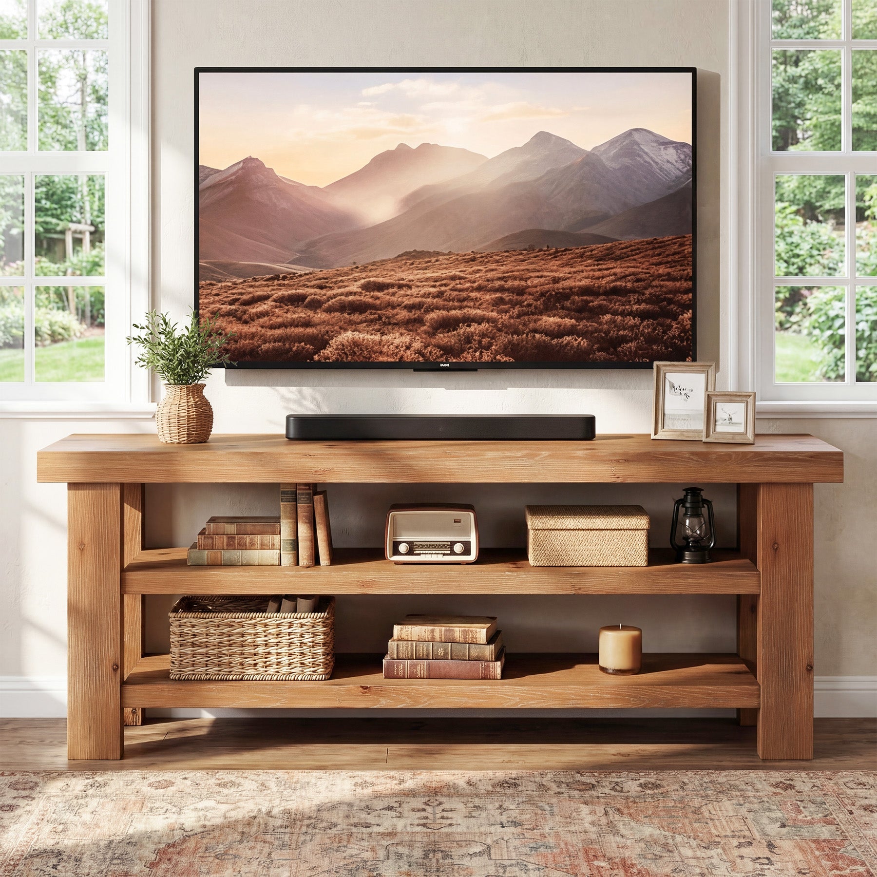 63" Solid Wood TV Stand for 55–75" TVs, Farmhouse Entertainment Center with Open Shelves