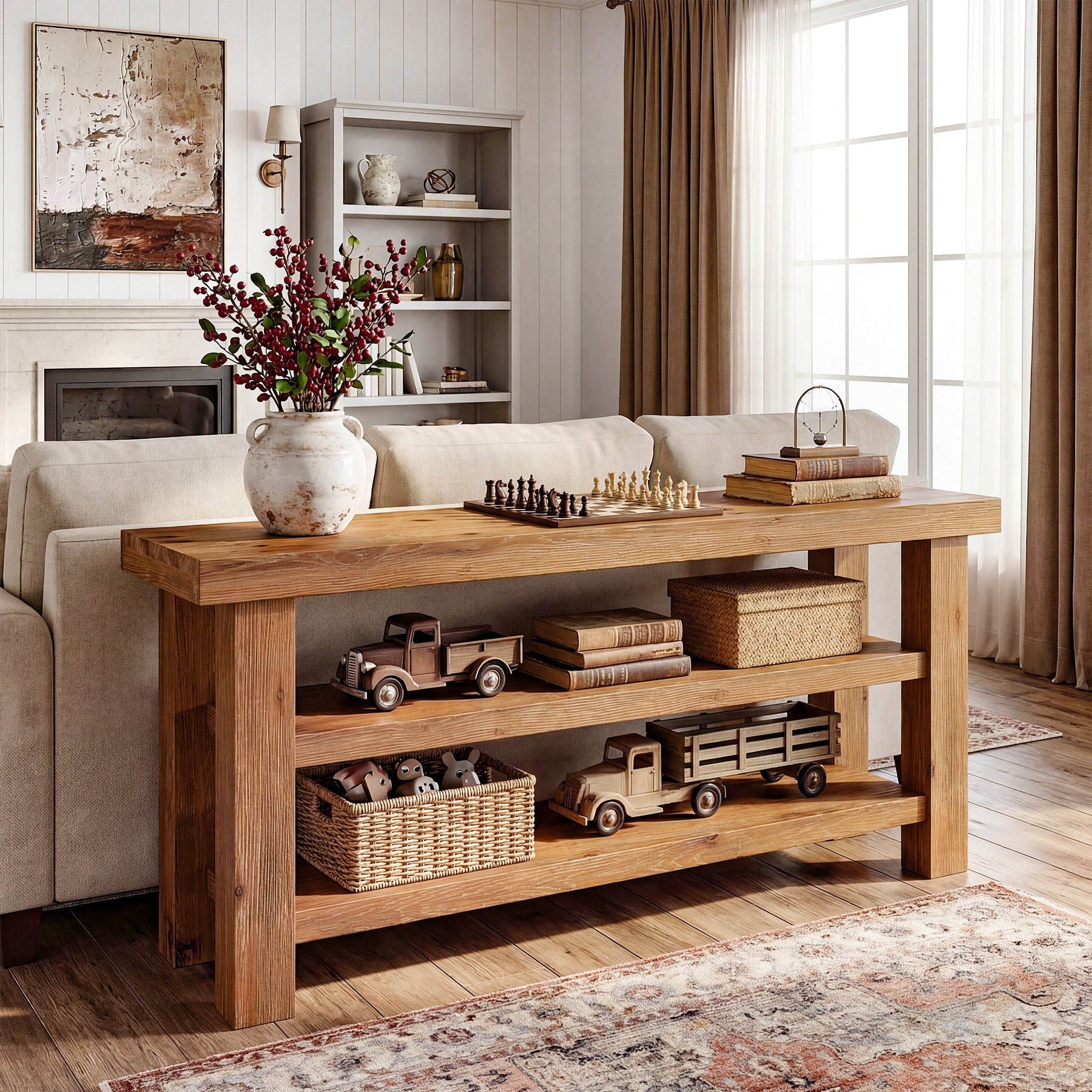 63" Solid Wood TV Stand for 55–75" TVs, Farmhouse Entertainment Center with Open Shelves