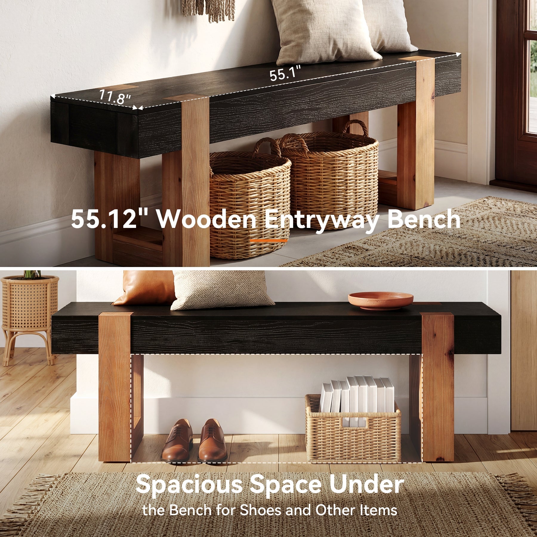 55" Solid Wood Entryway Bench, Indoor Wooden End of Bed Bench Seat