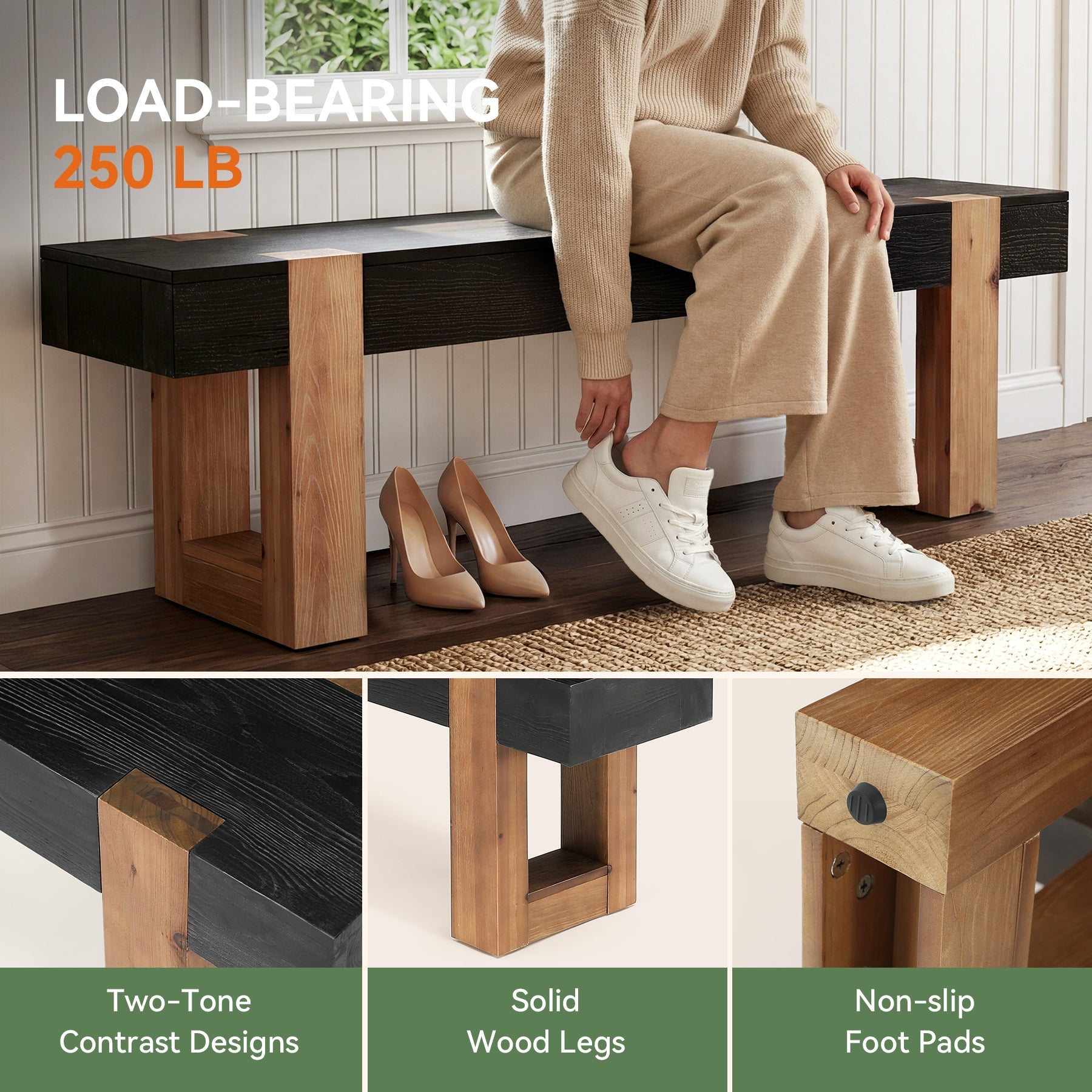 55" Solid Wood Dining Bench, Farmhouse Wooden Entryway Bench