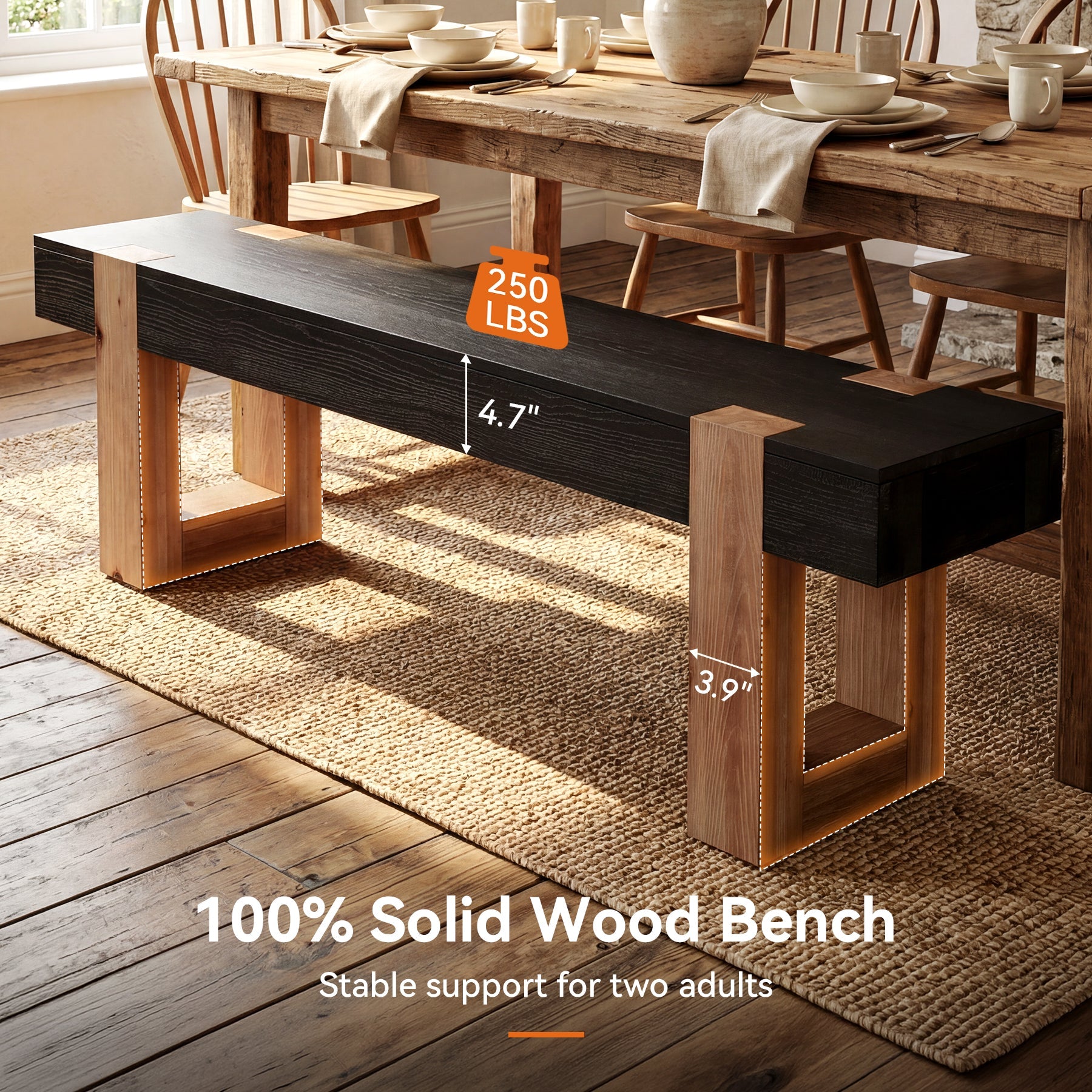 55" Solid Wood Dining Bench, Farmhouse Wooden Entryway Bench