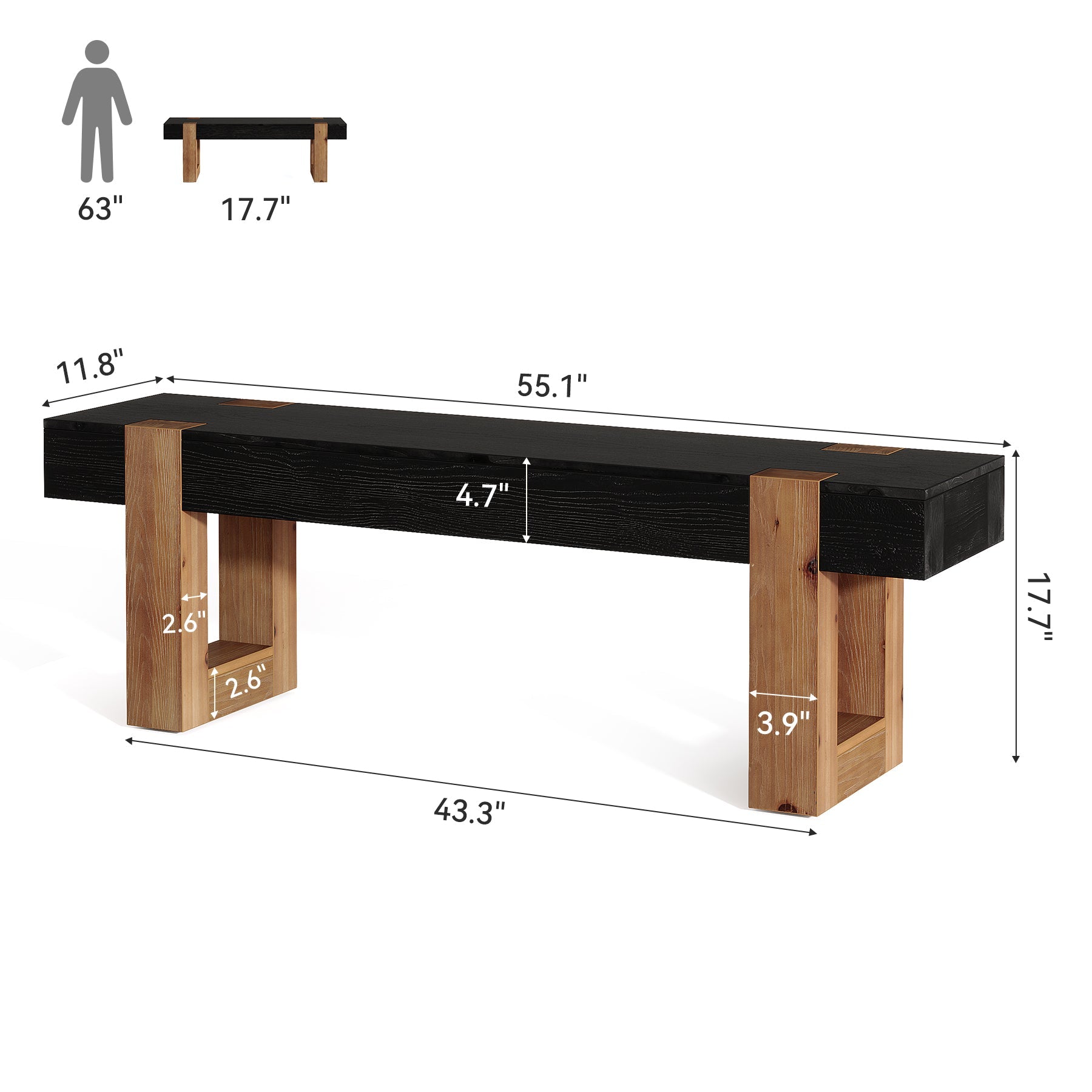 55" Solid Wood Entryway Bench, Indoor Wooden End of Bed Bench Seat