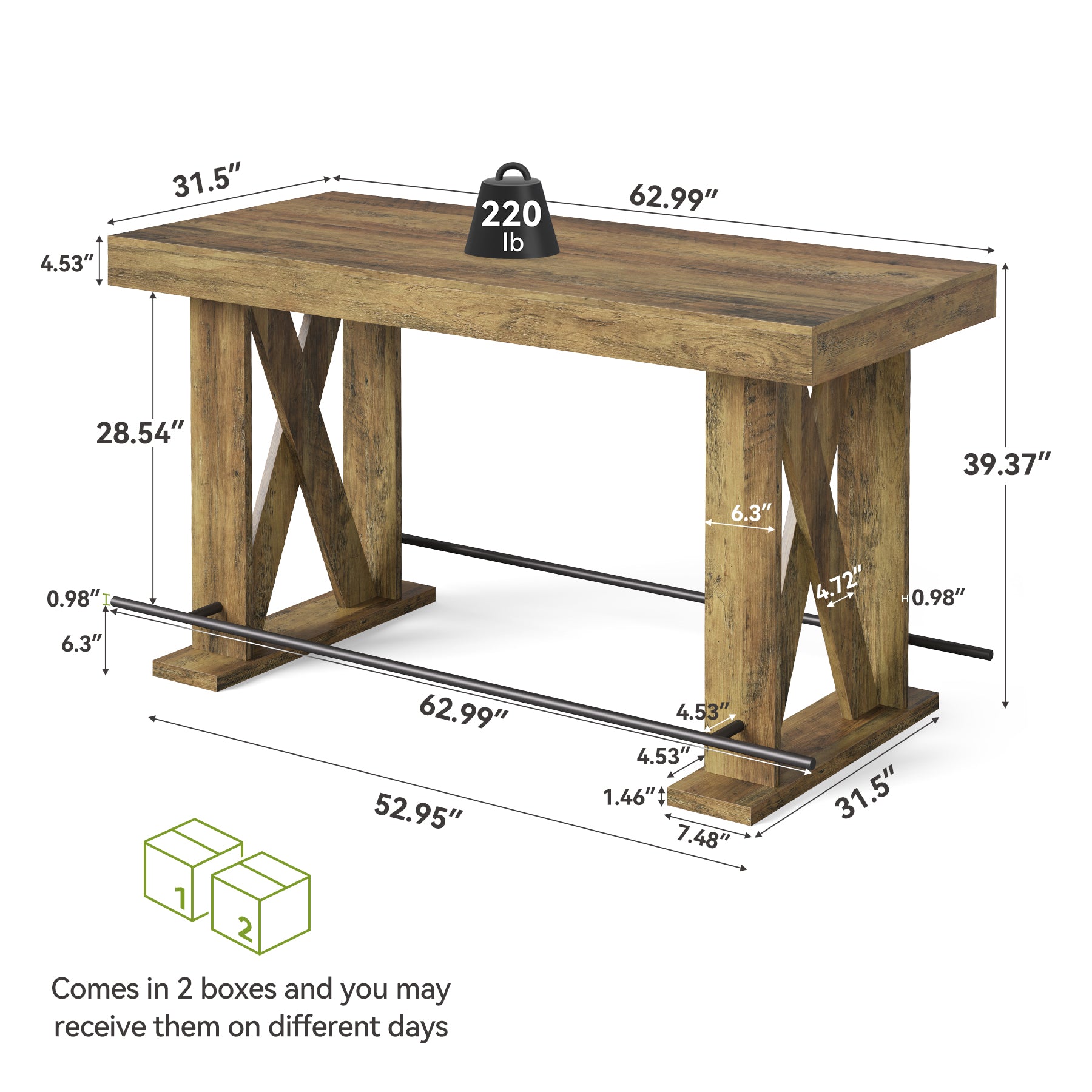 63" Industrial Bar Table, Kitchen Pub Table with Metal Footrest & X-Base
