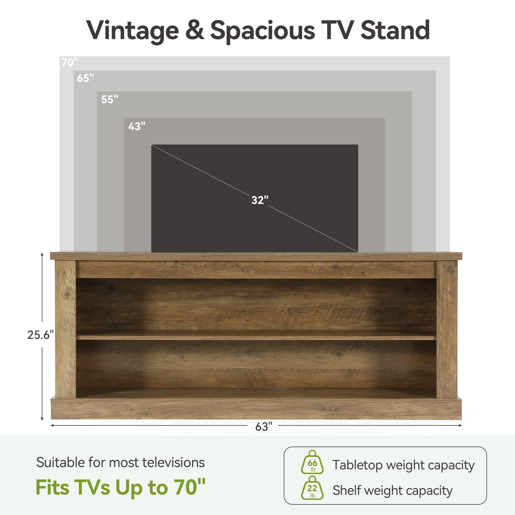 63" TV Stand for TVs up to 70", Entertainment Center TV Console Table with 2 Open Shelves