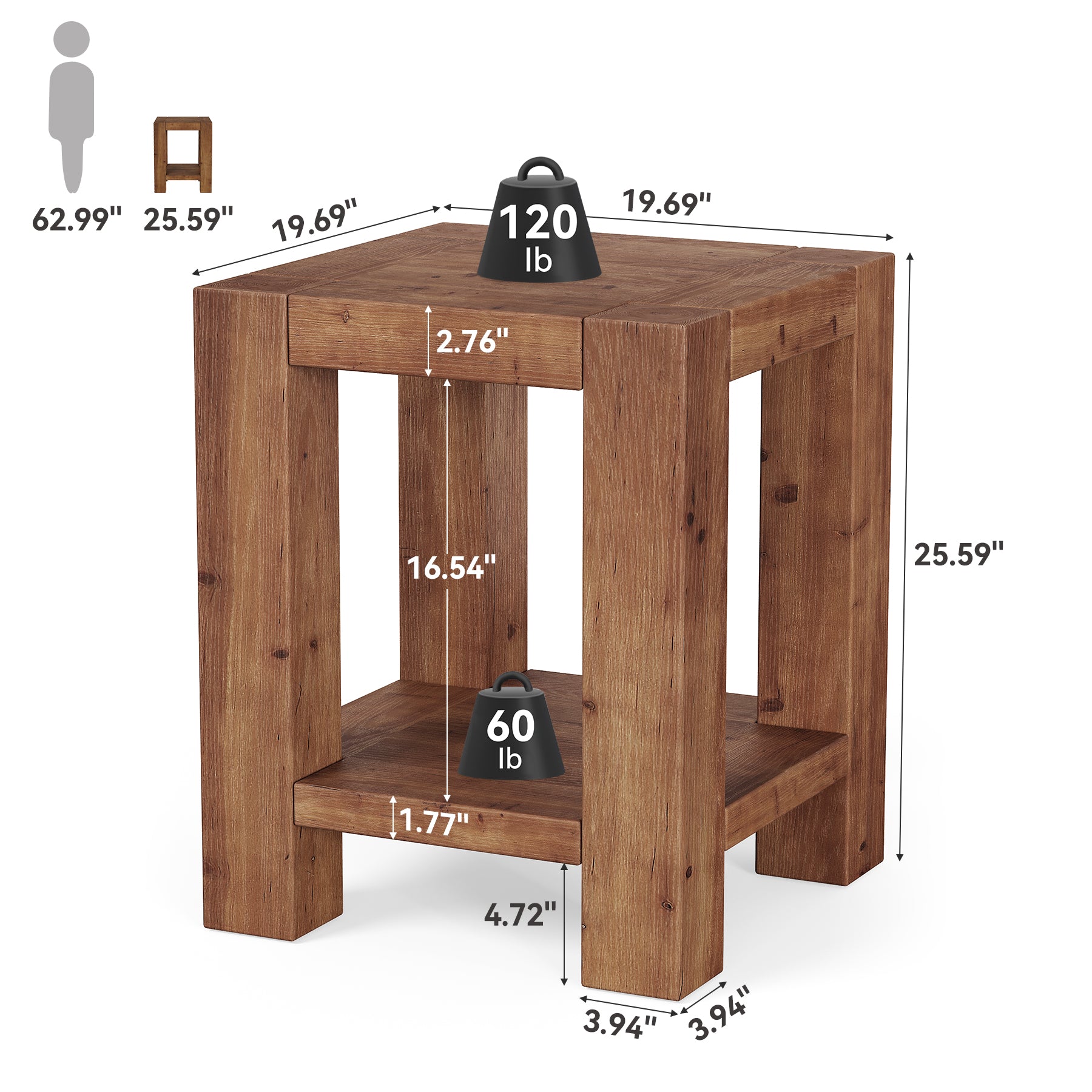 Solid Wood End Table, Farmhouse 2-Tier Side Table with Storage Shelves