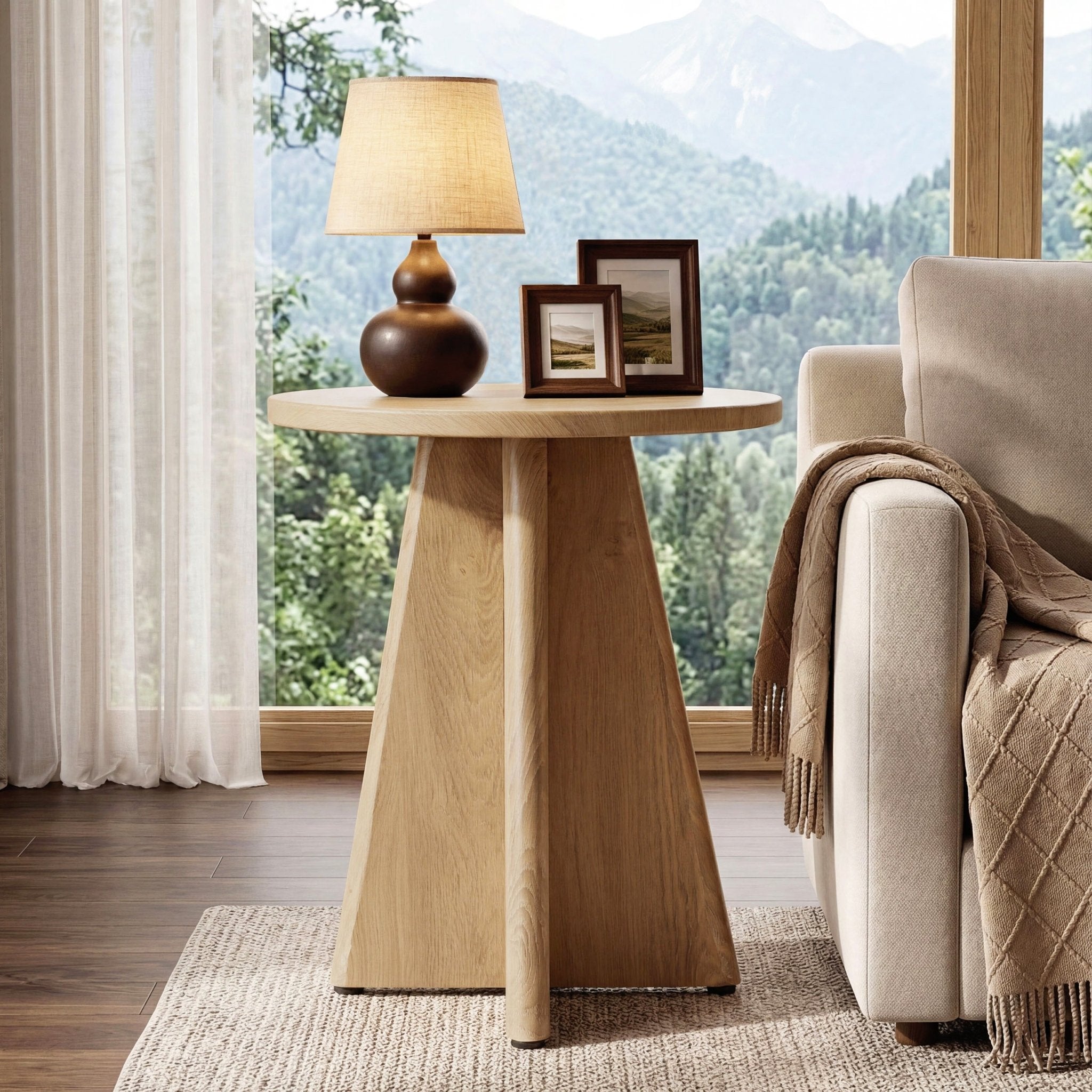 19.7" Round End Table, Farmhouse Side Table with Sculptural Base for Living Room