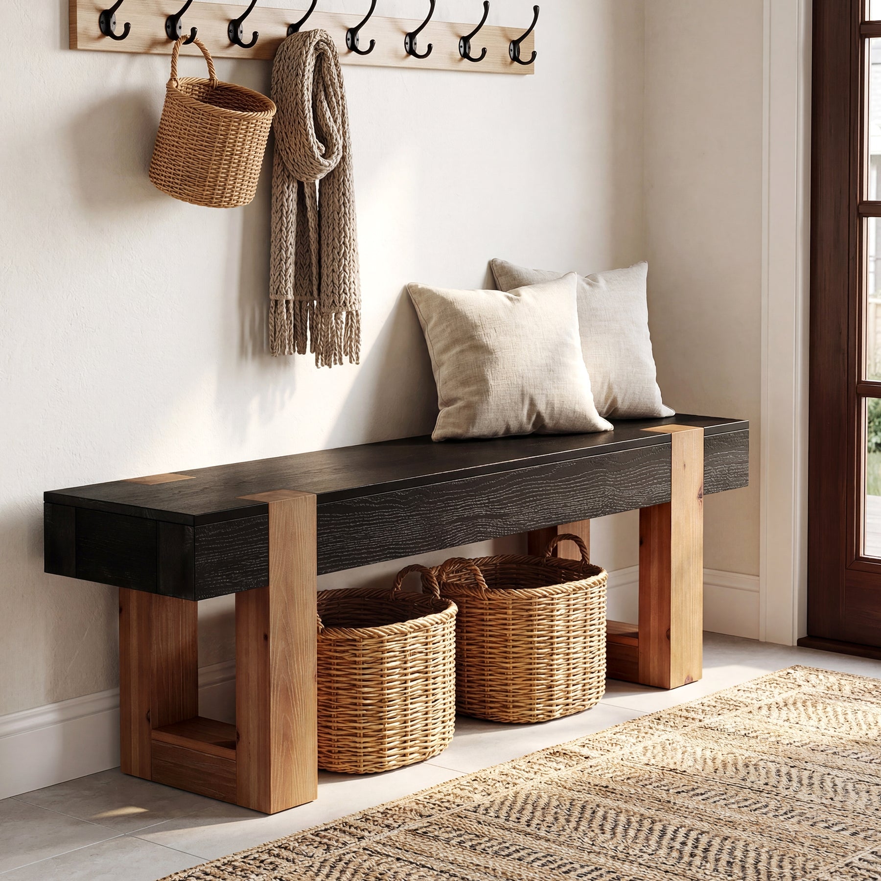 55" Solid Wood Entryway Bench, Indoor Wooden End of Bed Bench Seat
