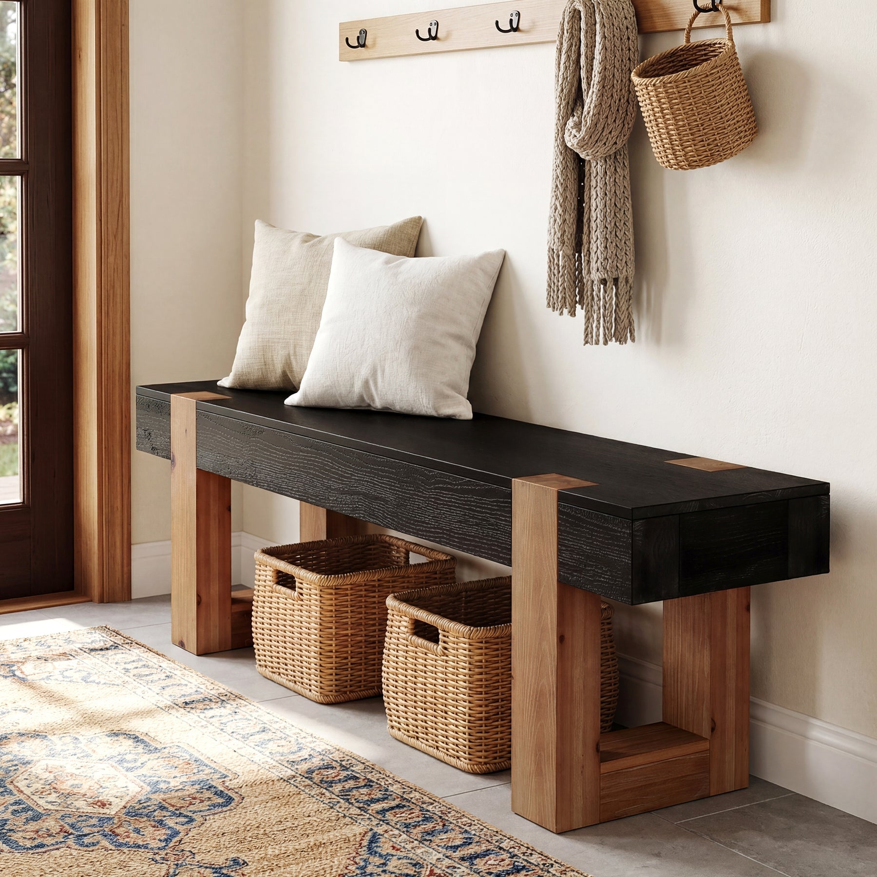 55" Solid Wood Entryway Bench, Indoor Wooden End of Bed Bench Seat