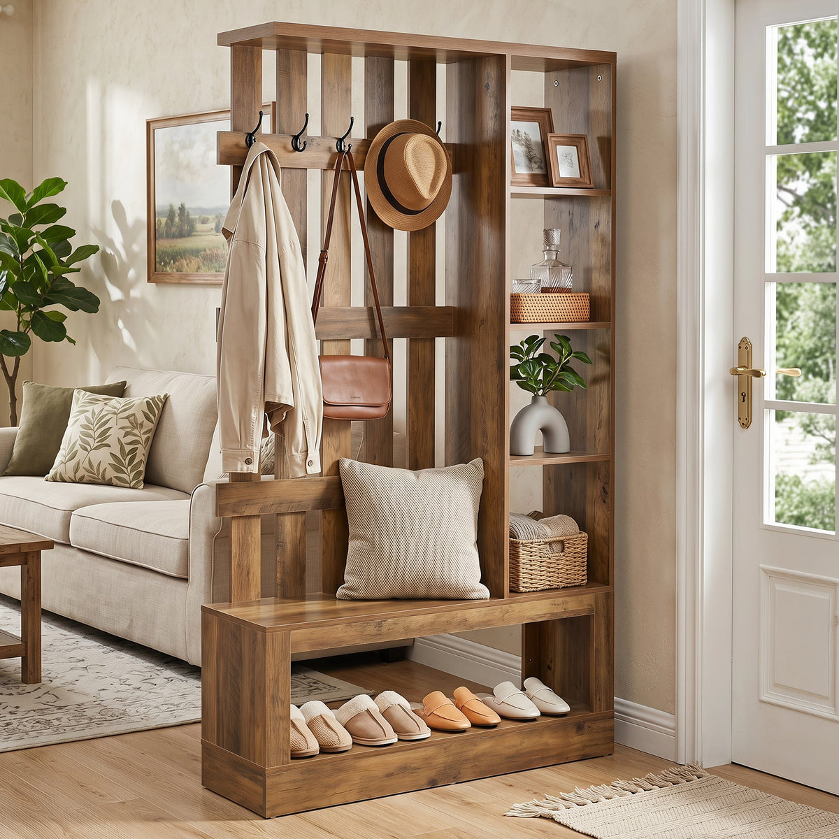 70.9" Wall Room Divider With Shelves, Freestanding Wall Partition With Coat Rack
